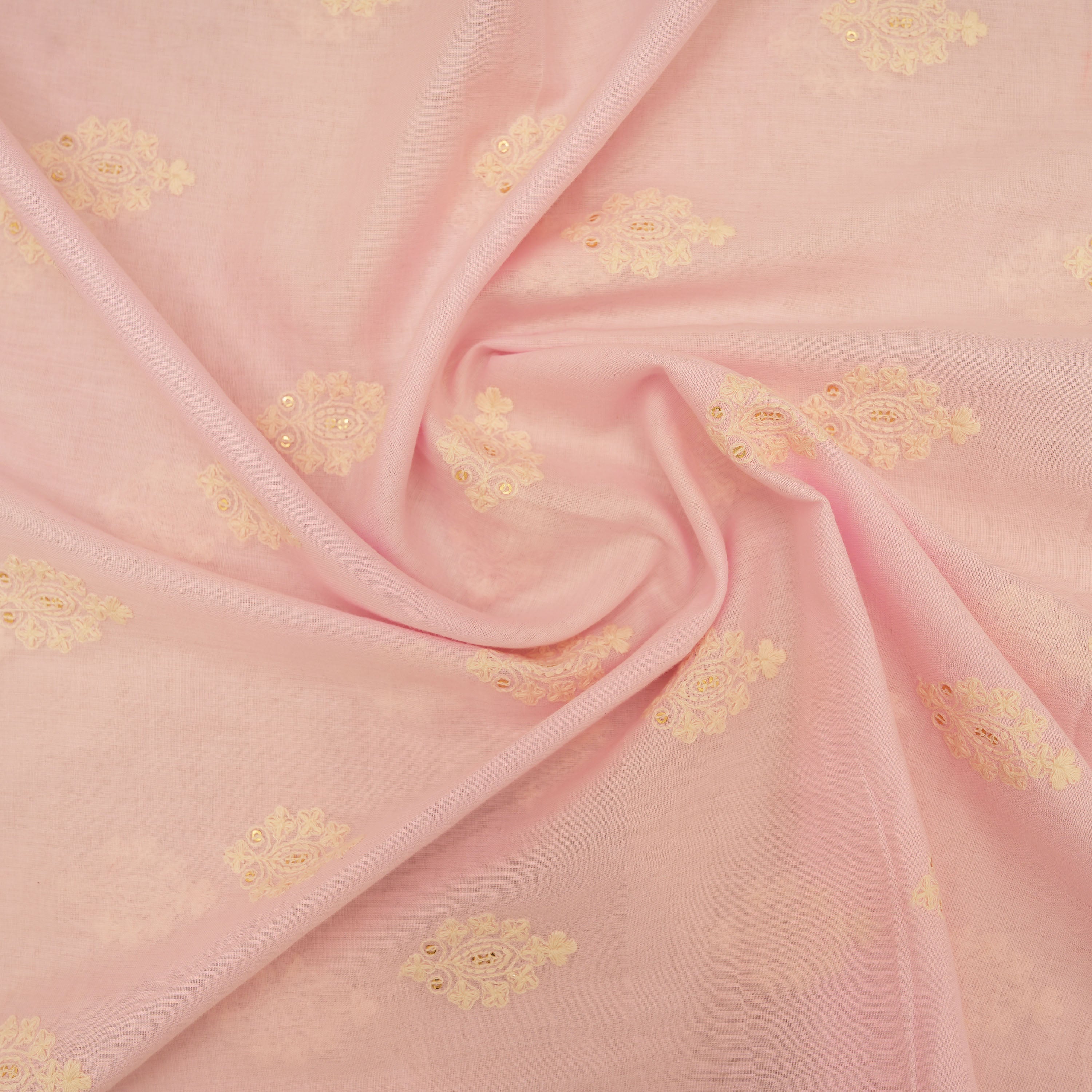 Pale Pink Floral Embroidered On Cotton Fabric
