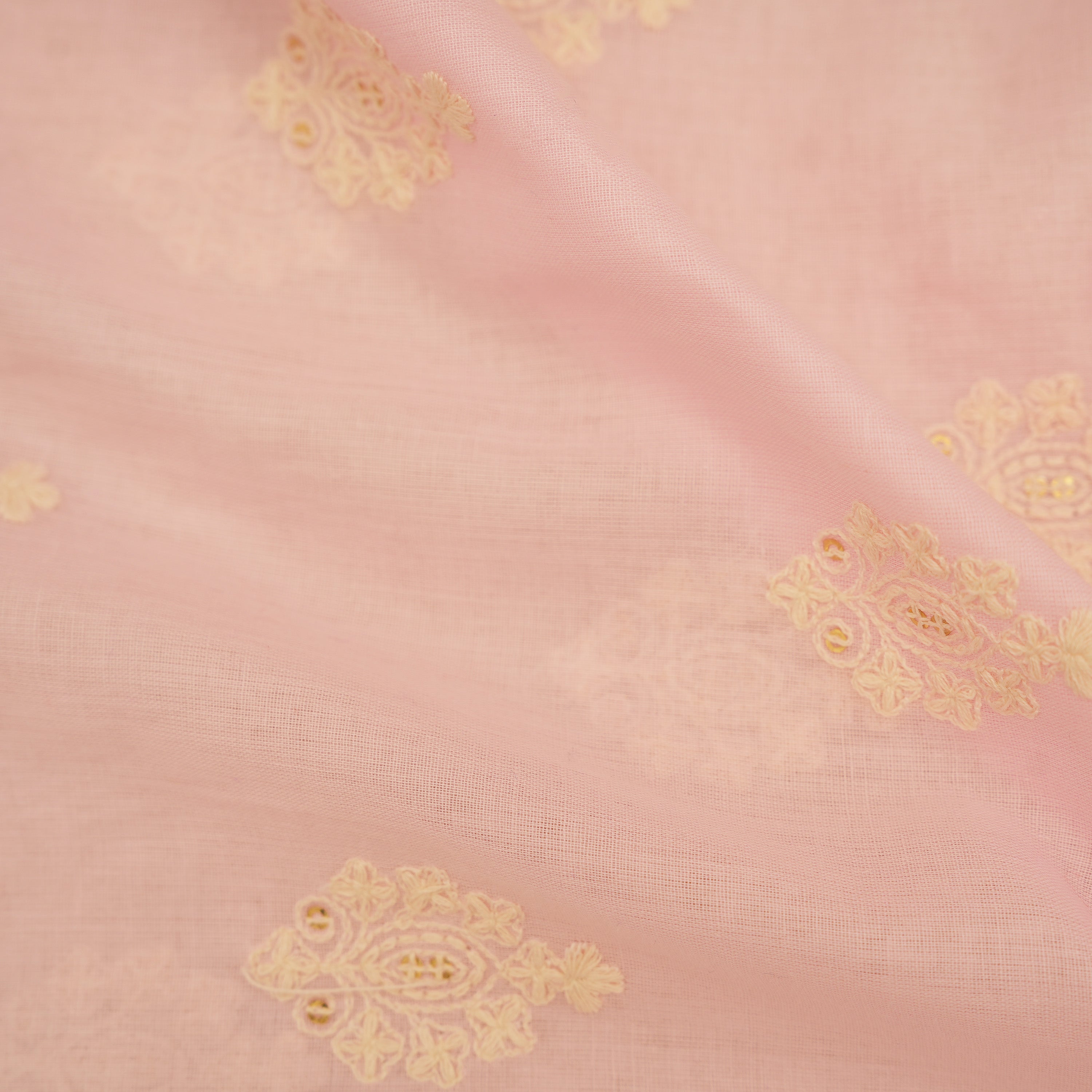 Pale Pink Floral Embroidered On Cotton Fabric