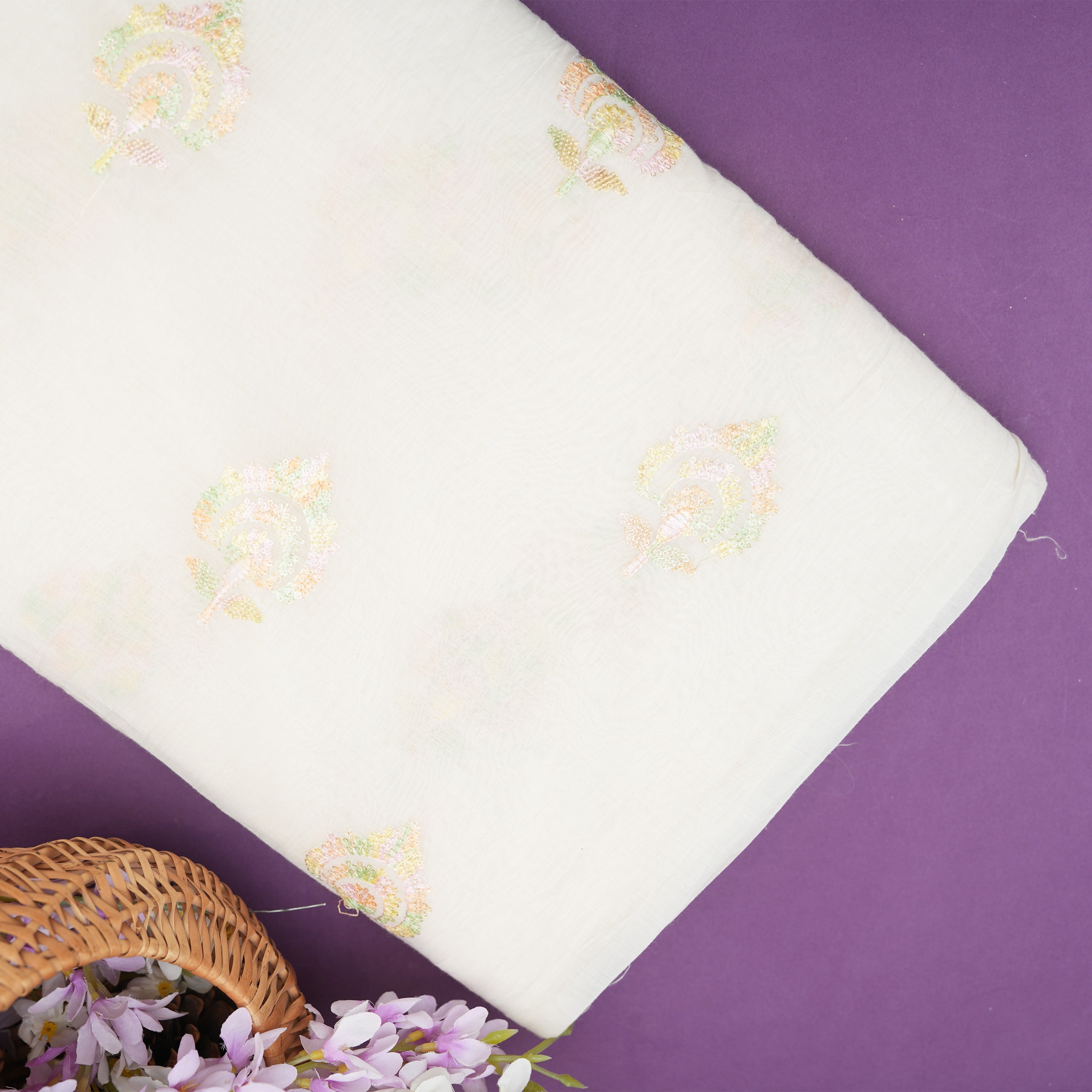 Pale White Floral Buttas Embroidered On Chanderi Fabric