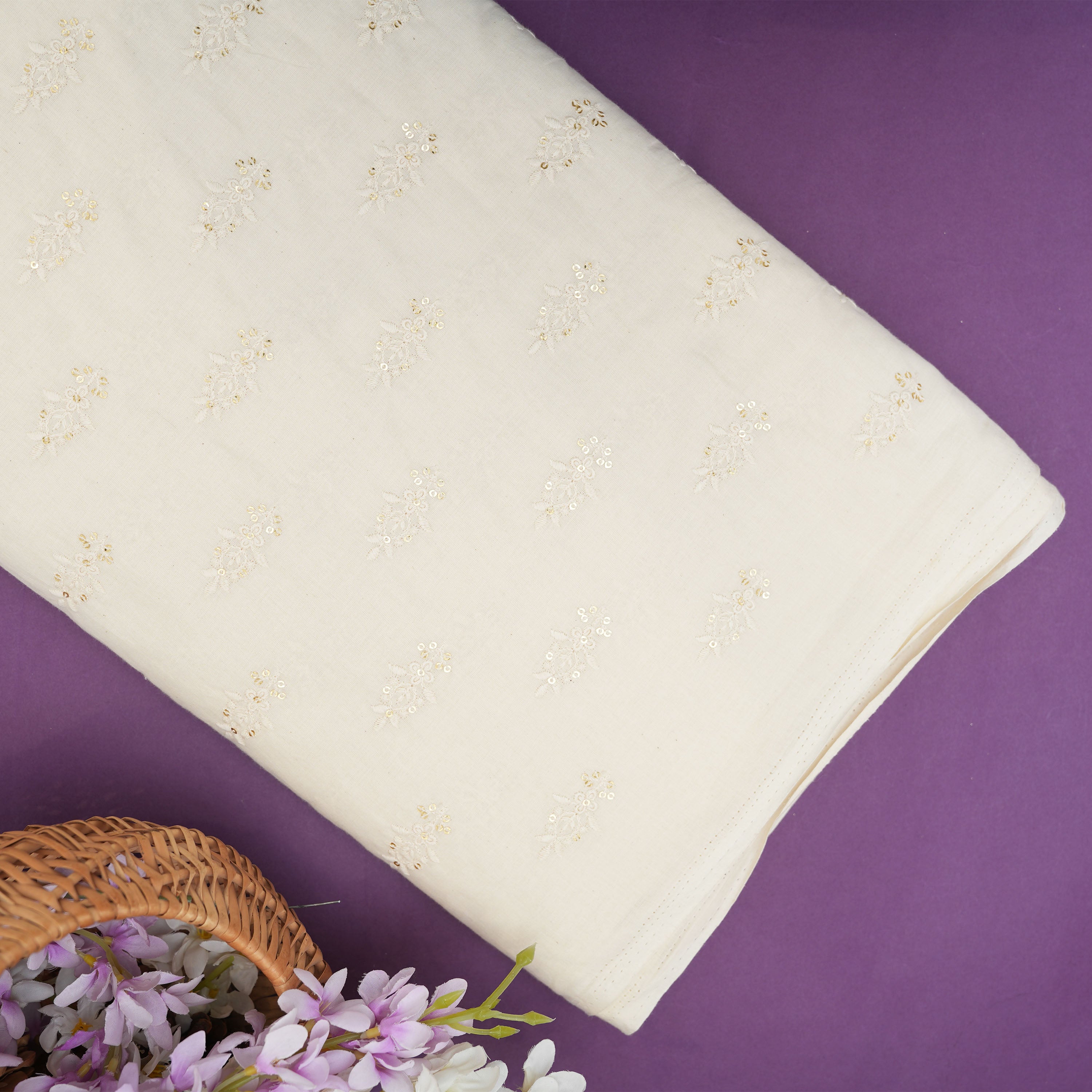 Smoke White Floral Buttas Embroidered On Chanderi Fabric