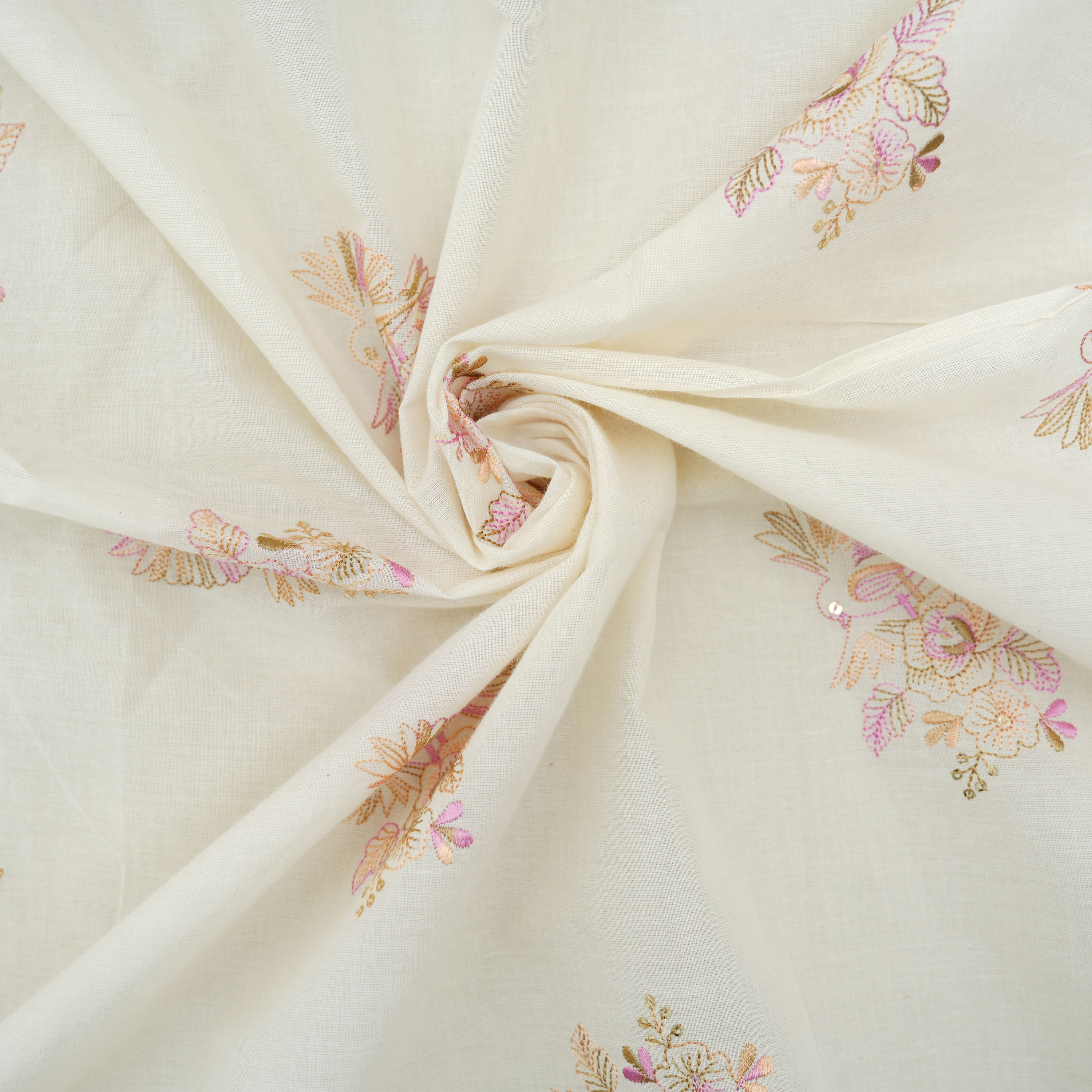 Cream White Floral Sparrow Embroidered Cotton Fabric