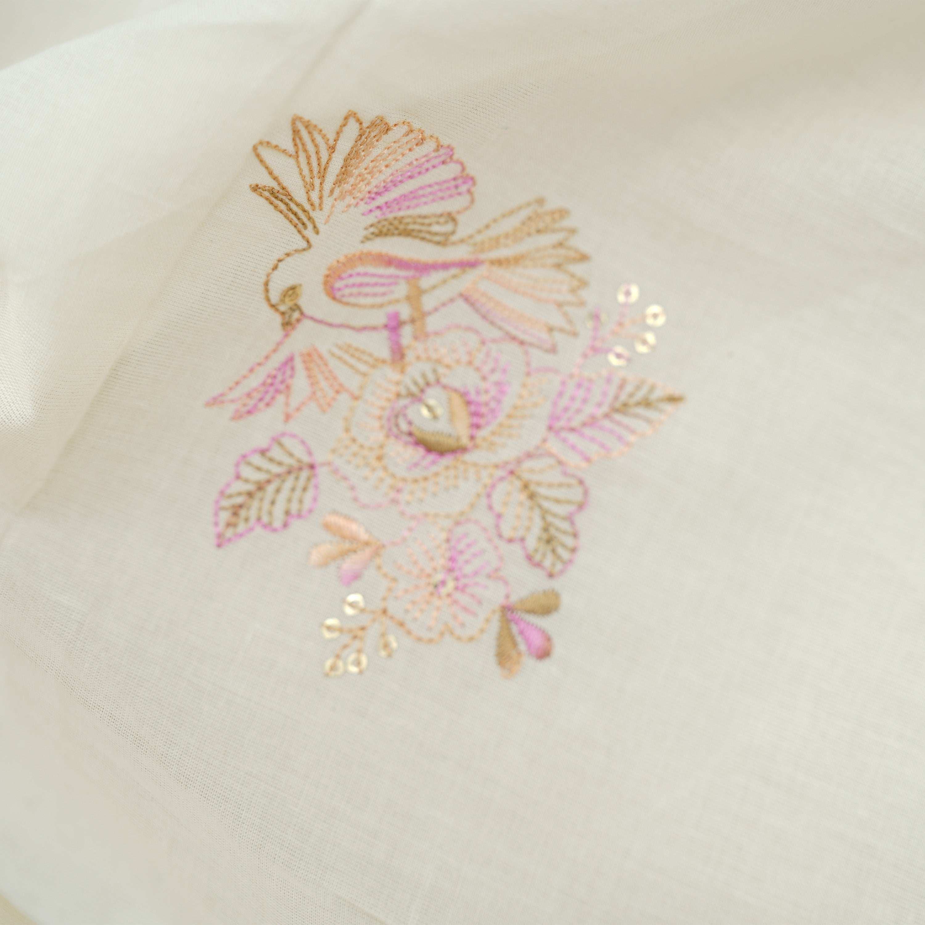 Cream White Floral Sparrow Embroidered Cotton Fabric
