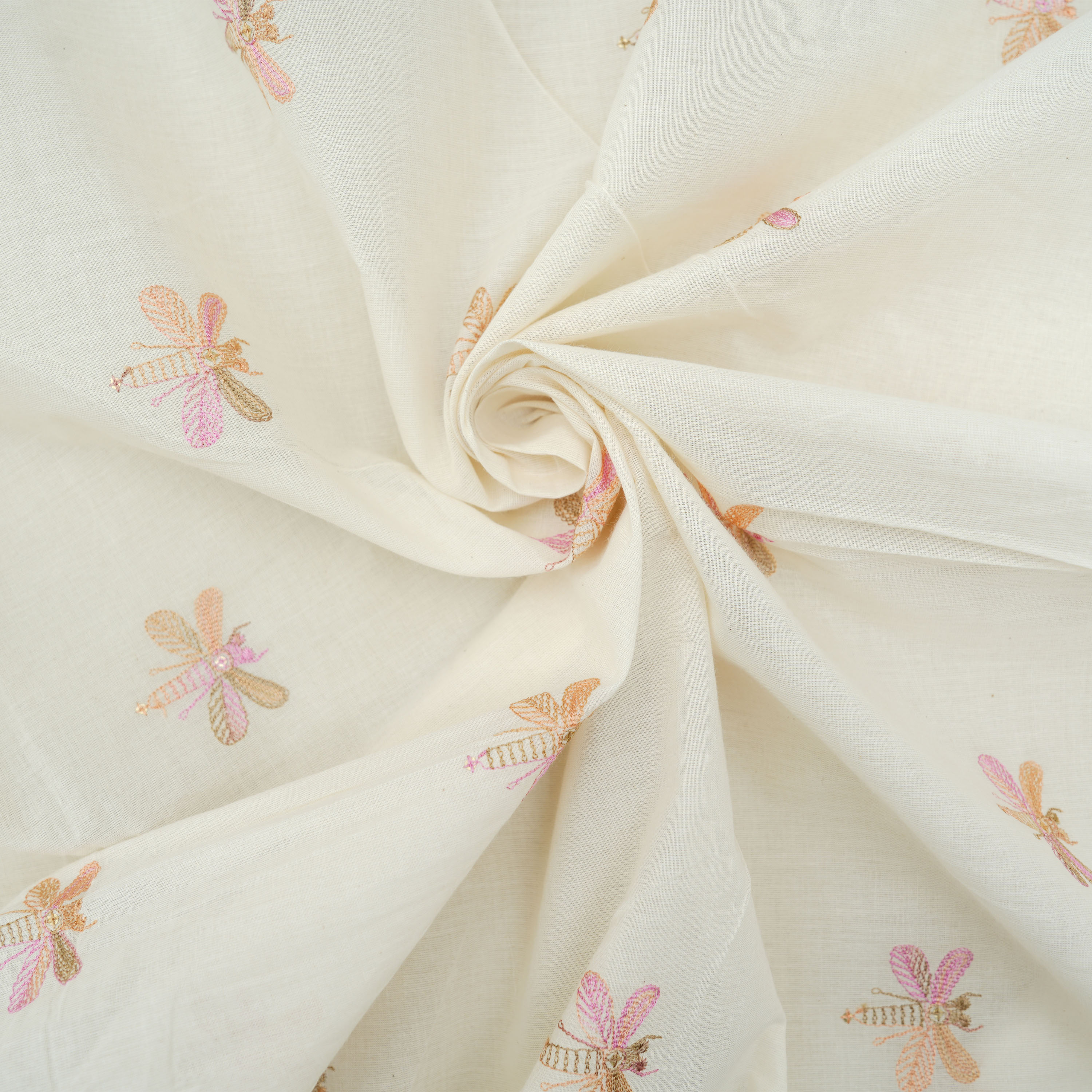 Smoke White Multicolor Dragonfly Embroidered Cotton Fabric