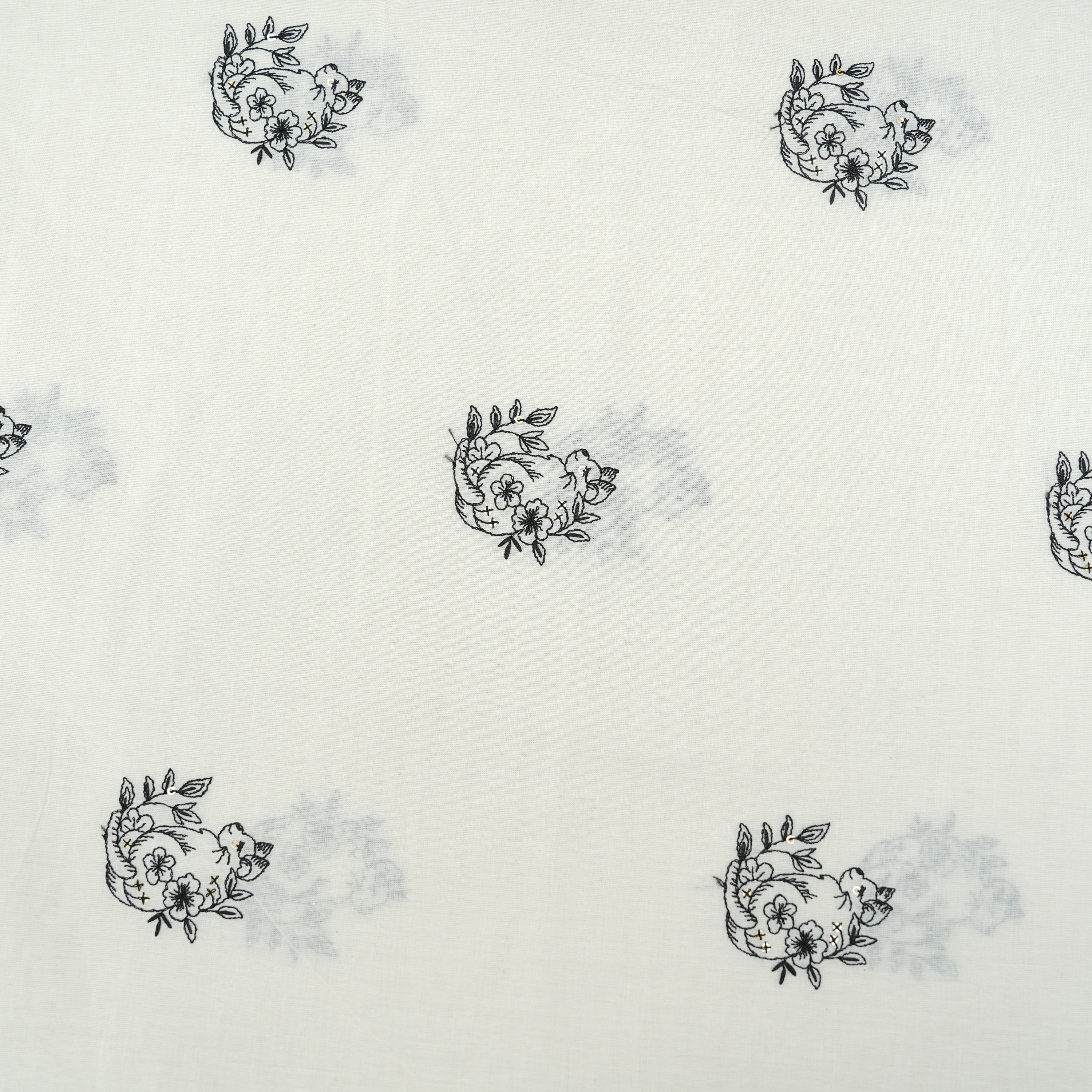 Cream White Floral Animal Embroidered Cotton Fabric