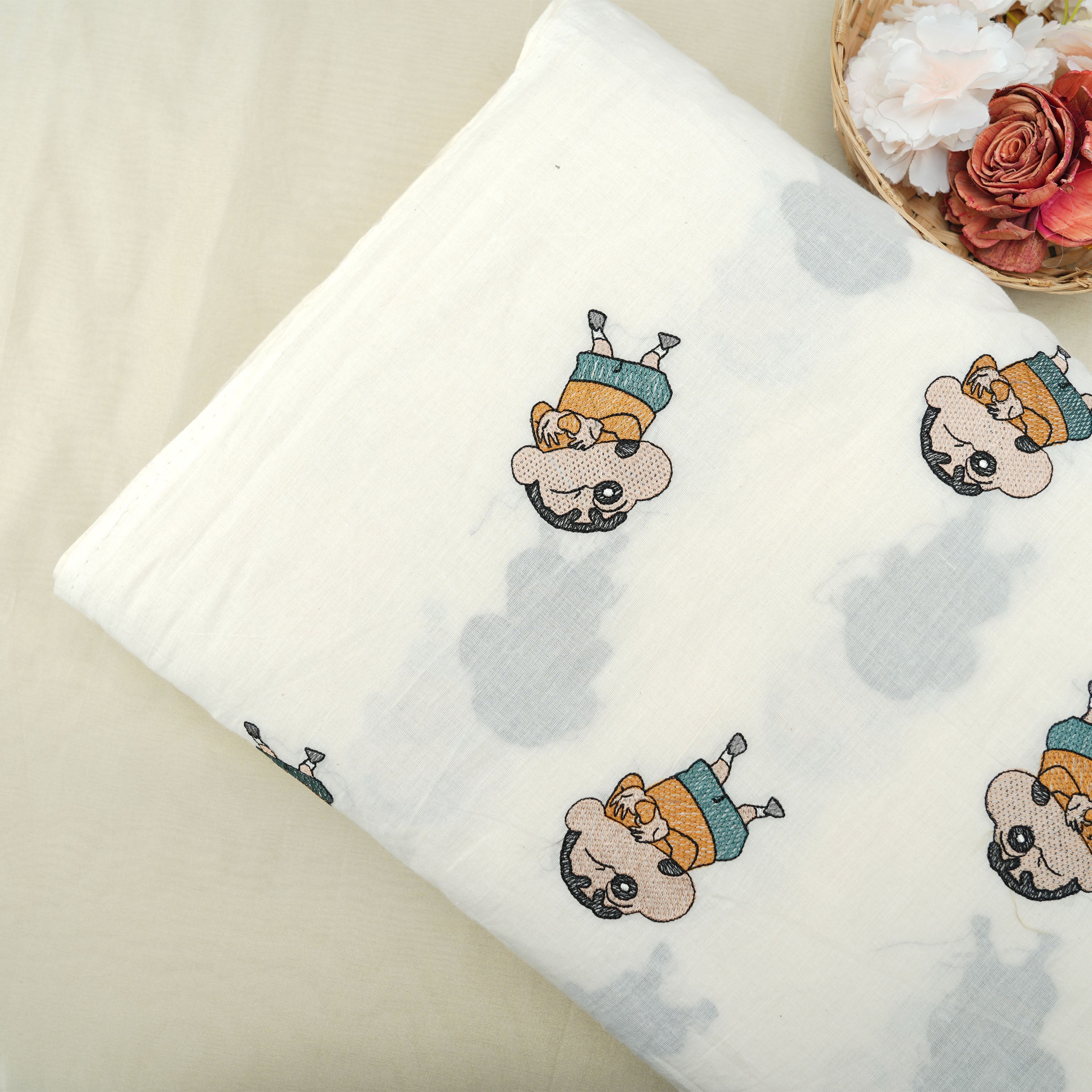 Milk White Shinchan Figure Embroidered Cotton Fabric