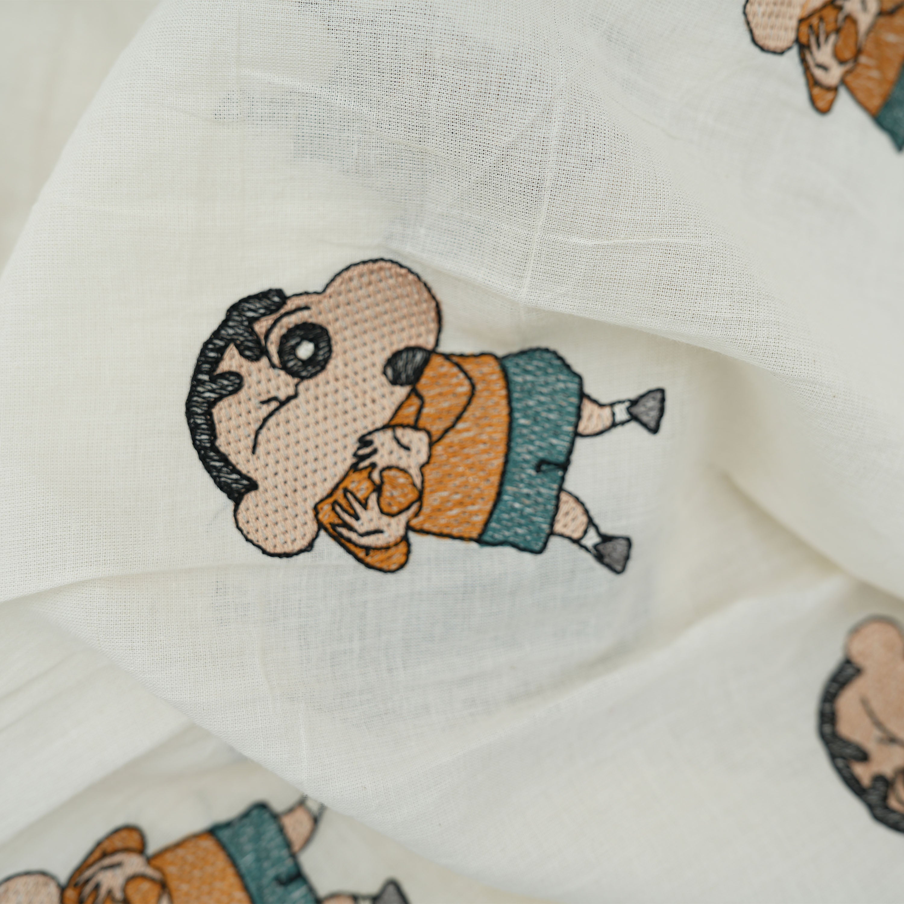 Milk White Shinchan Figure Embroidered Cotton Fabric