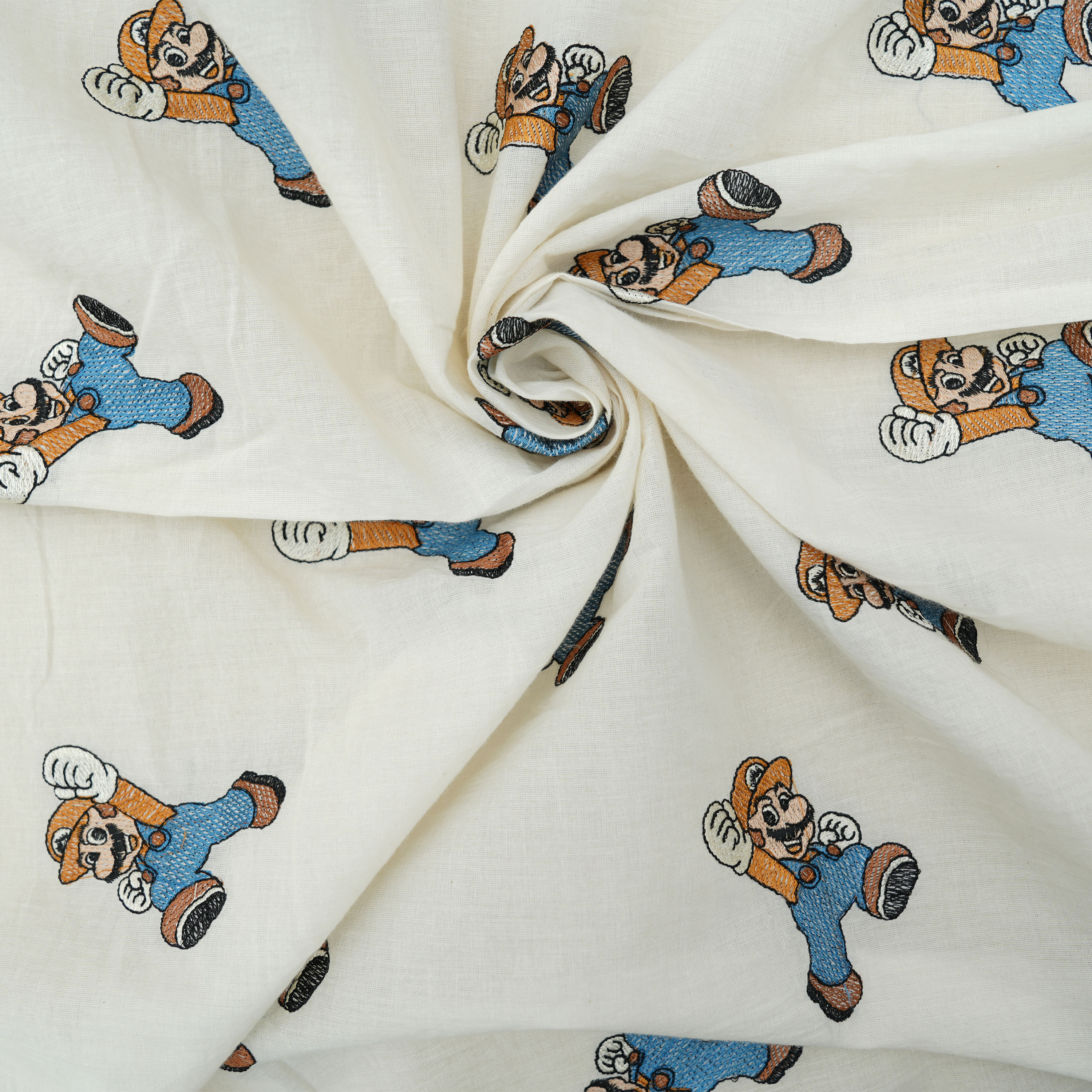 Cream White Mario Figure Embroidered Cotton Fabric
