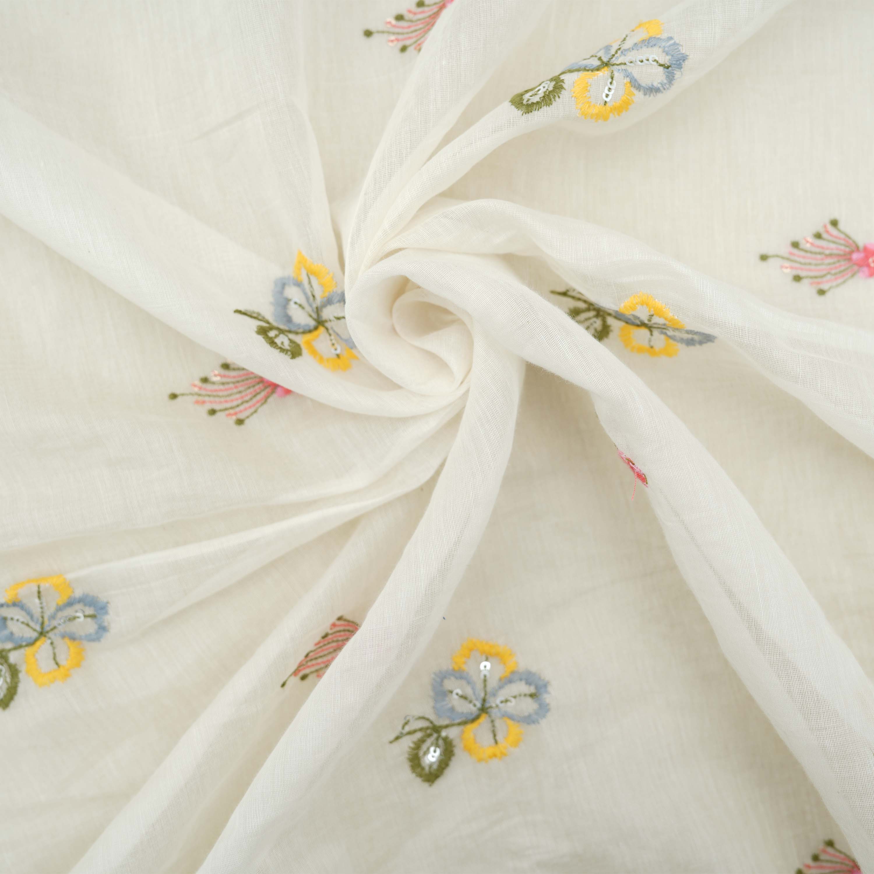 Smoke White Multicolor Floral Embroidered Cotton Fabric
