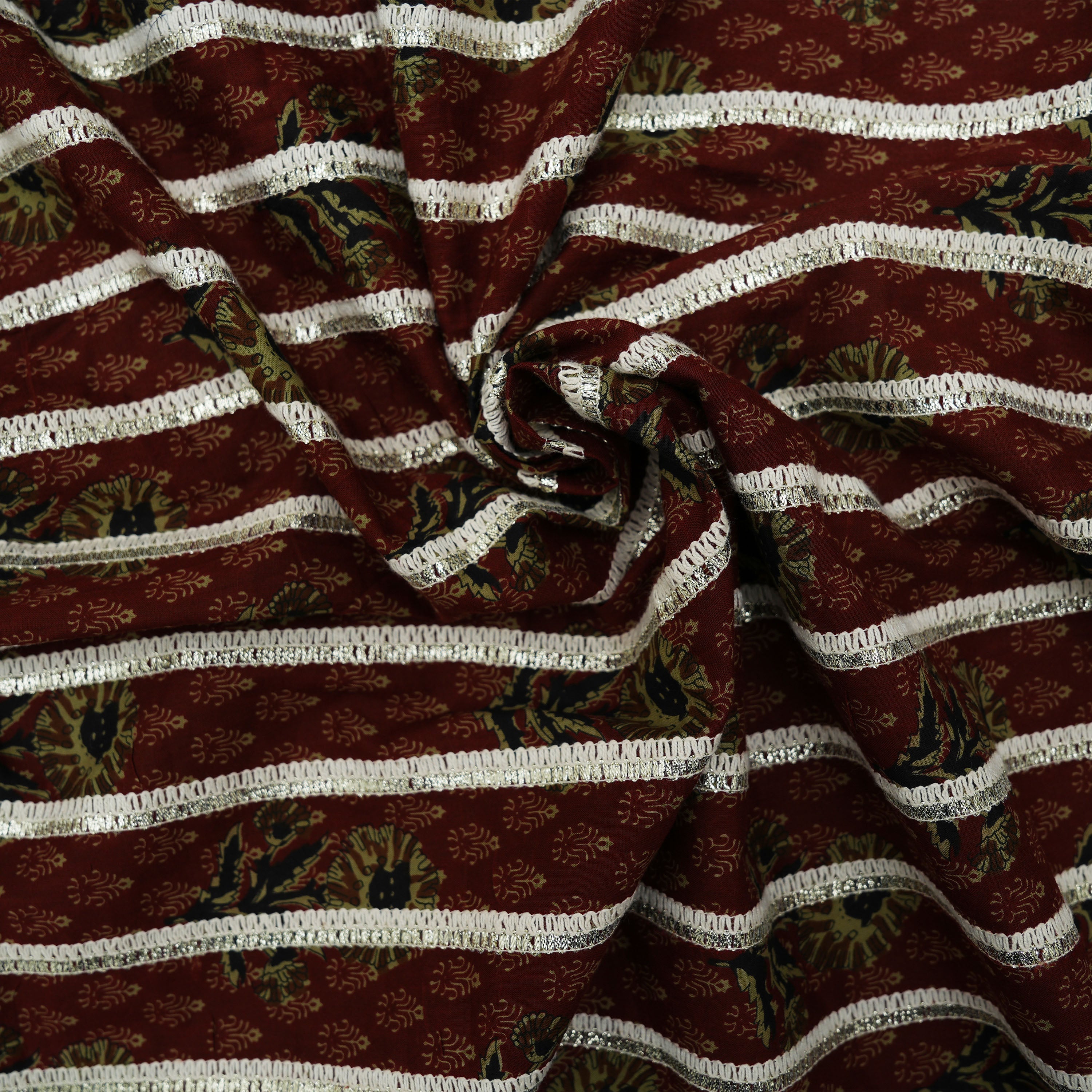 Cocoa Bean Brown Zari Embroidered Stripes Cotton Fabric