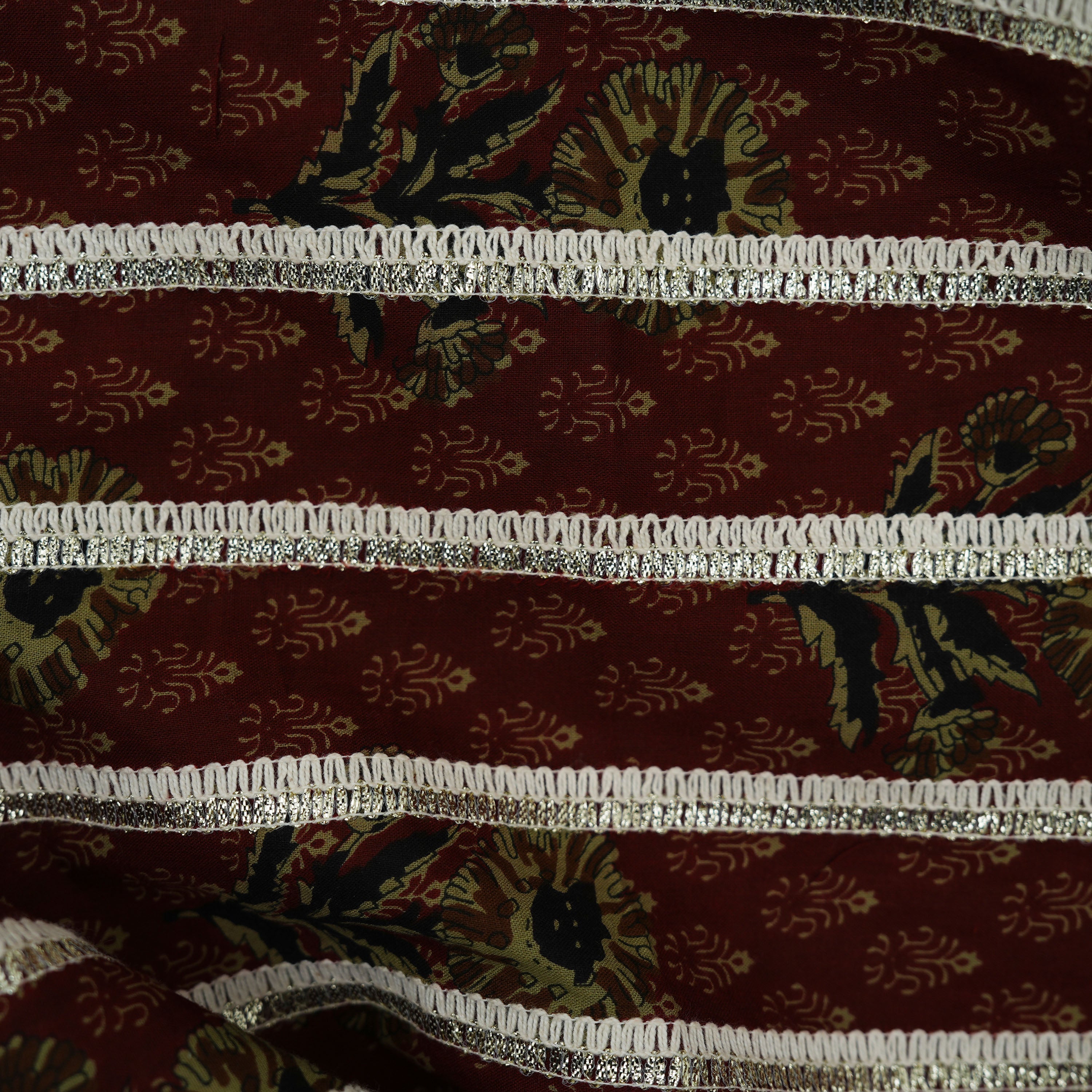 Cocoa Bean Brown Zari Embroidered Stripes Cotton Fabric