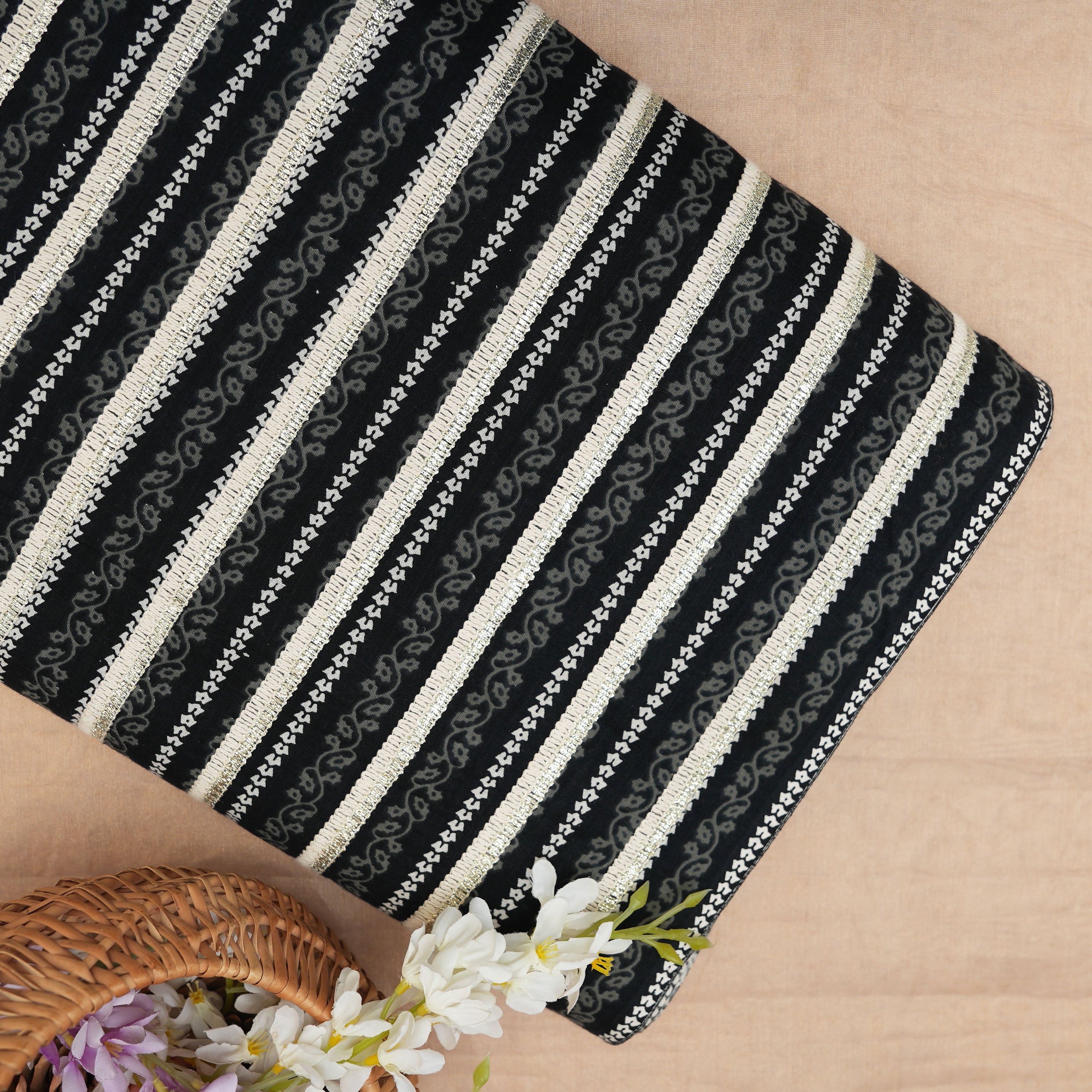 Ink Black Embroidered Stripes On Printed Cotton Fabric