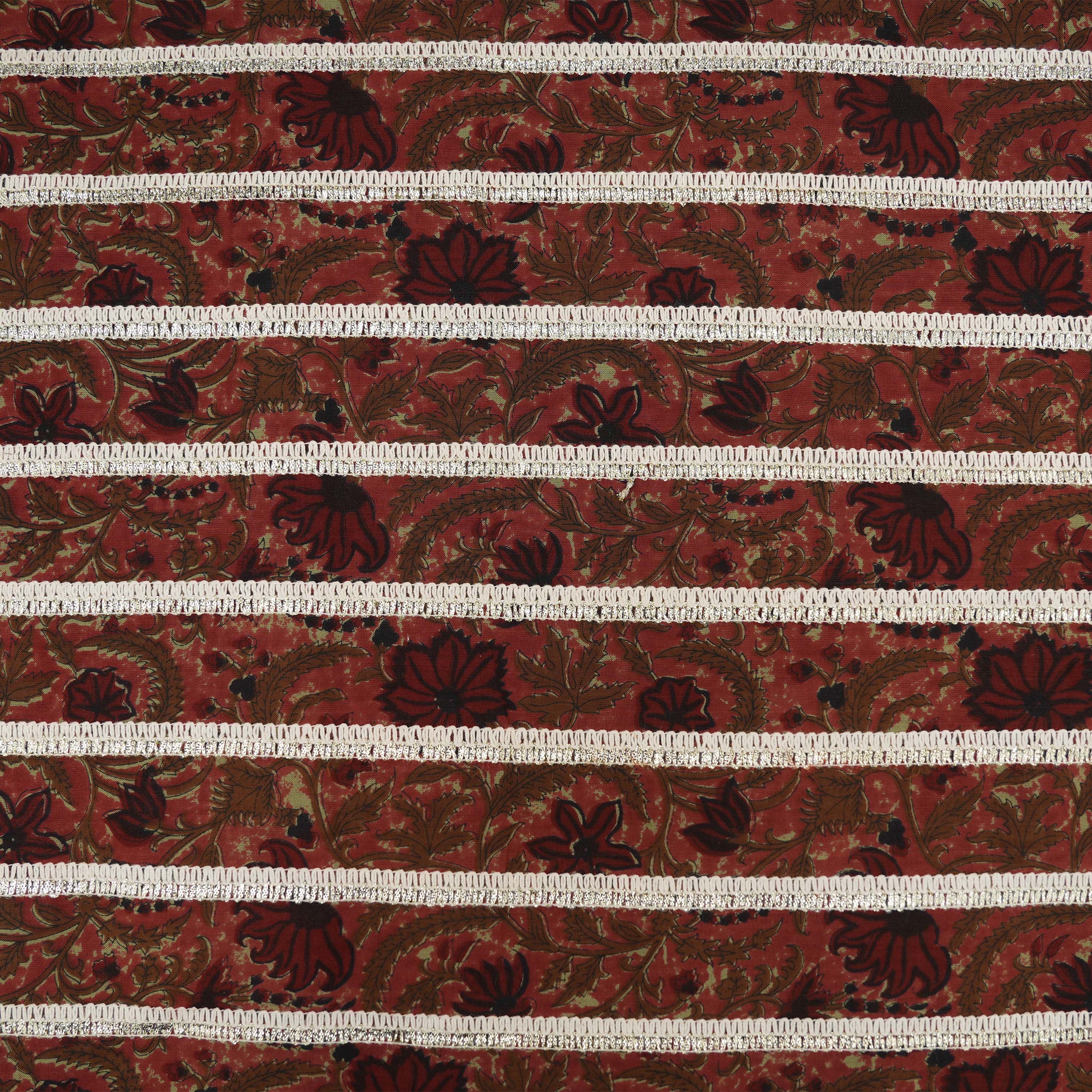 Maroon Red With Floral Embroidery On Printed Cotton Fabric