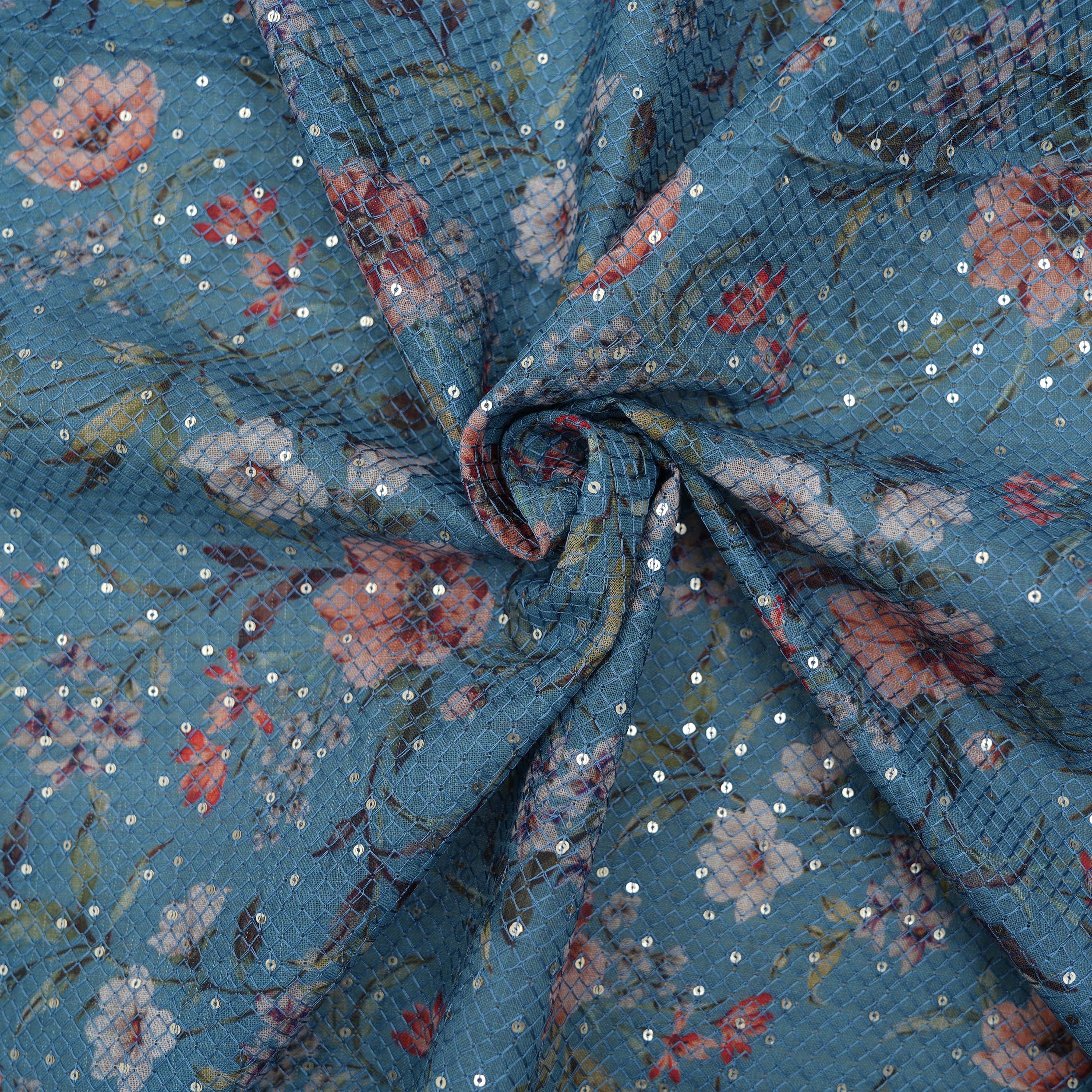 Blue Gray Floral Printed Embroidered Checks Linen Fabric