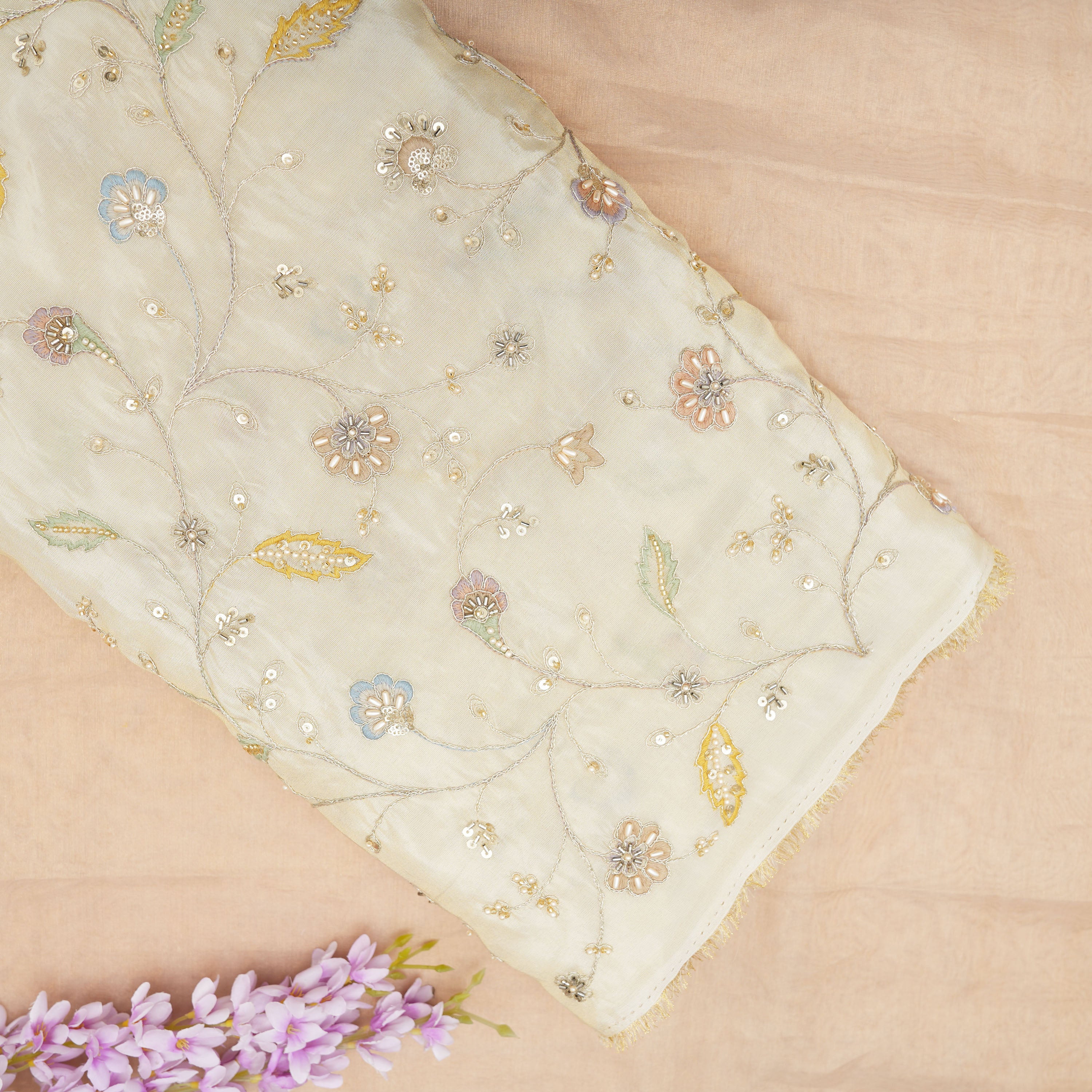 Cream White Floral Embroidery On Printed Cotton Fabric