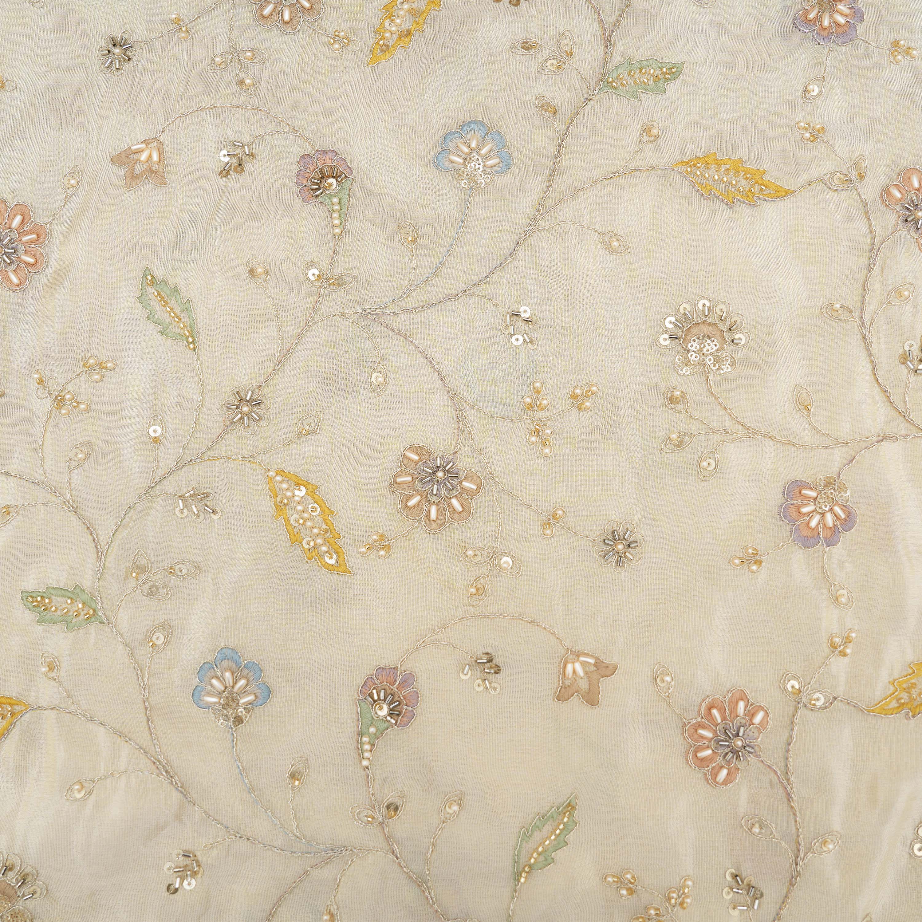 Cream White Floral Embroidery On Printed Cotton Fabric