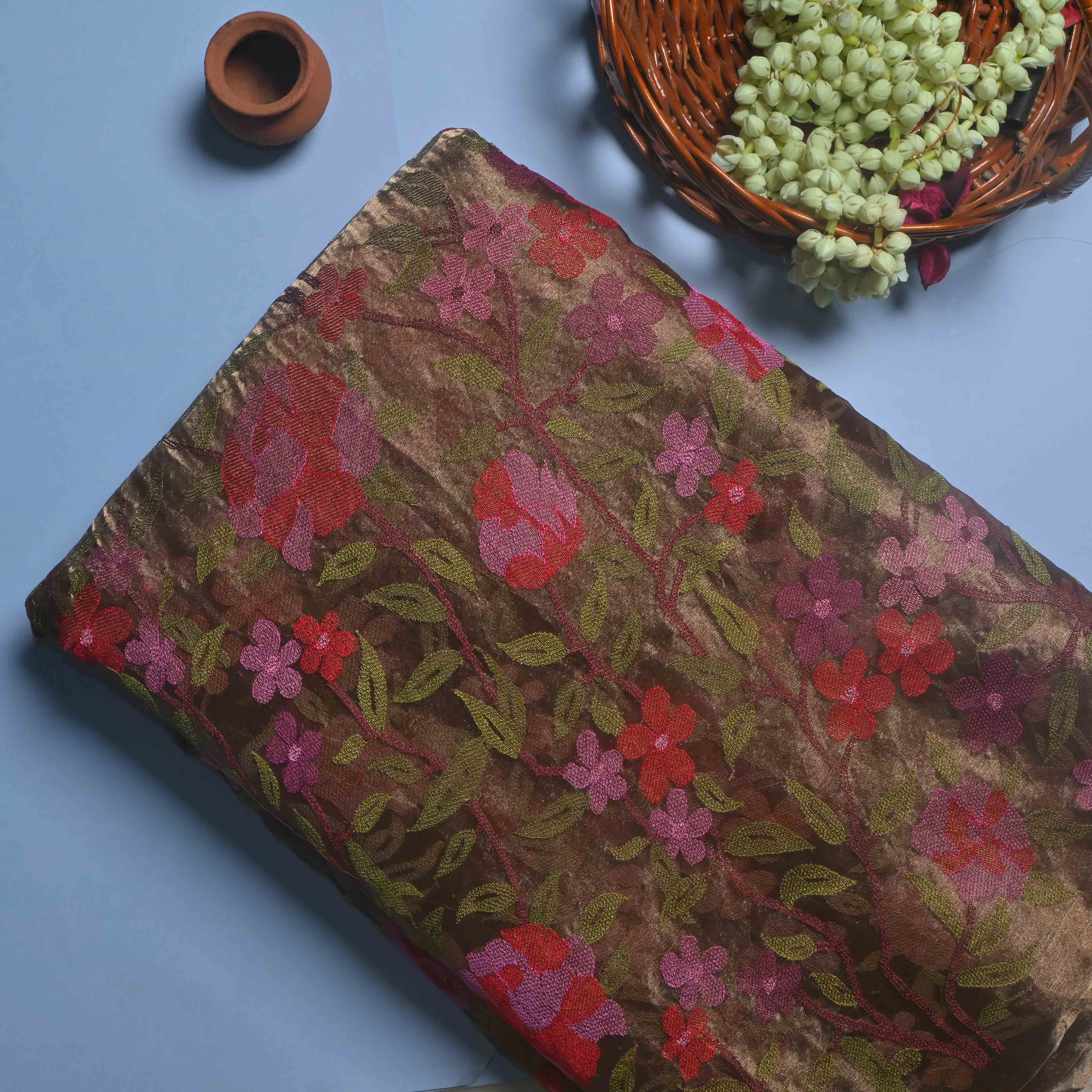 Brownish Gold Tissue Fabric With Jaal Embroidery