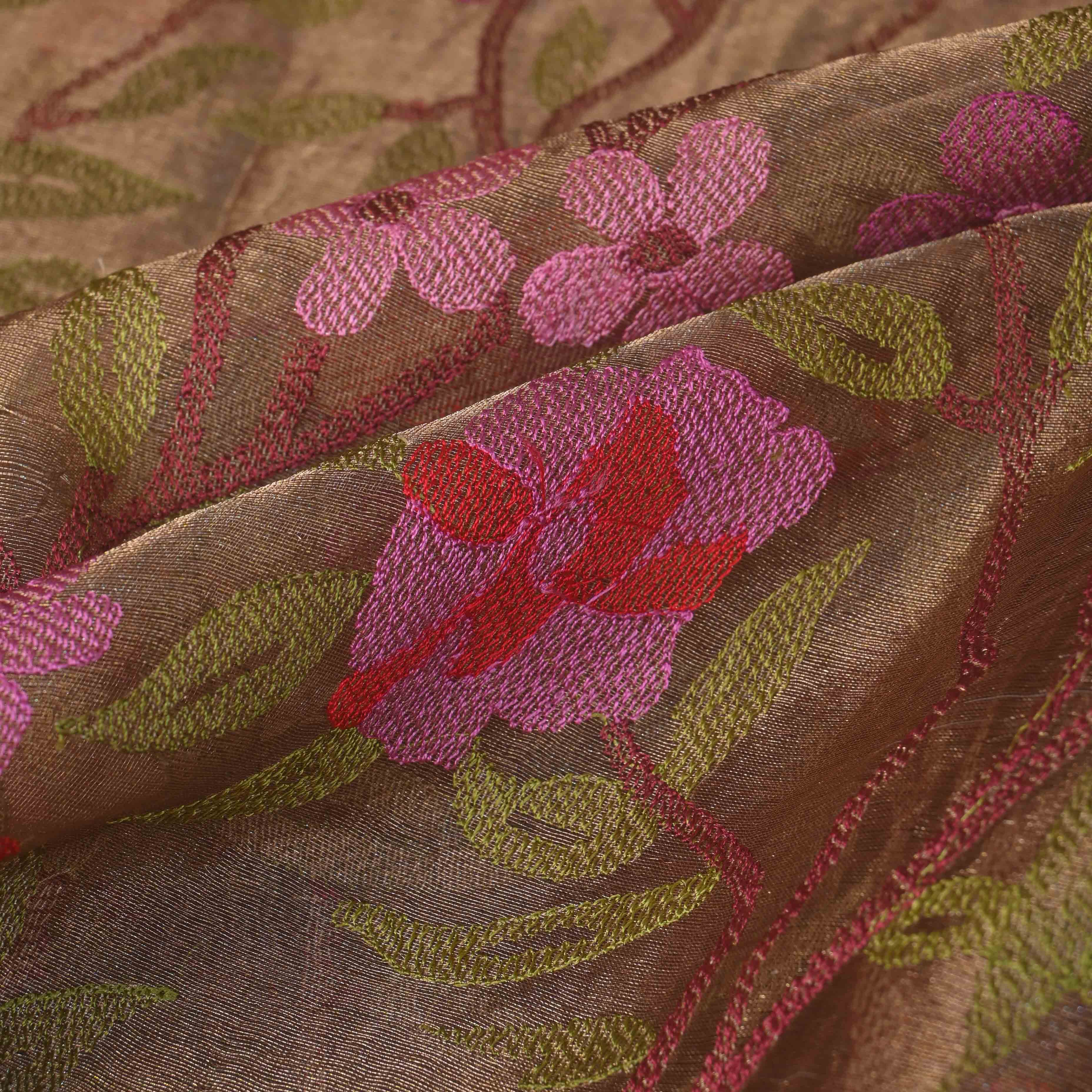 Brownish Gold Tissue Fabric With Jaal Embroidery