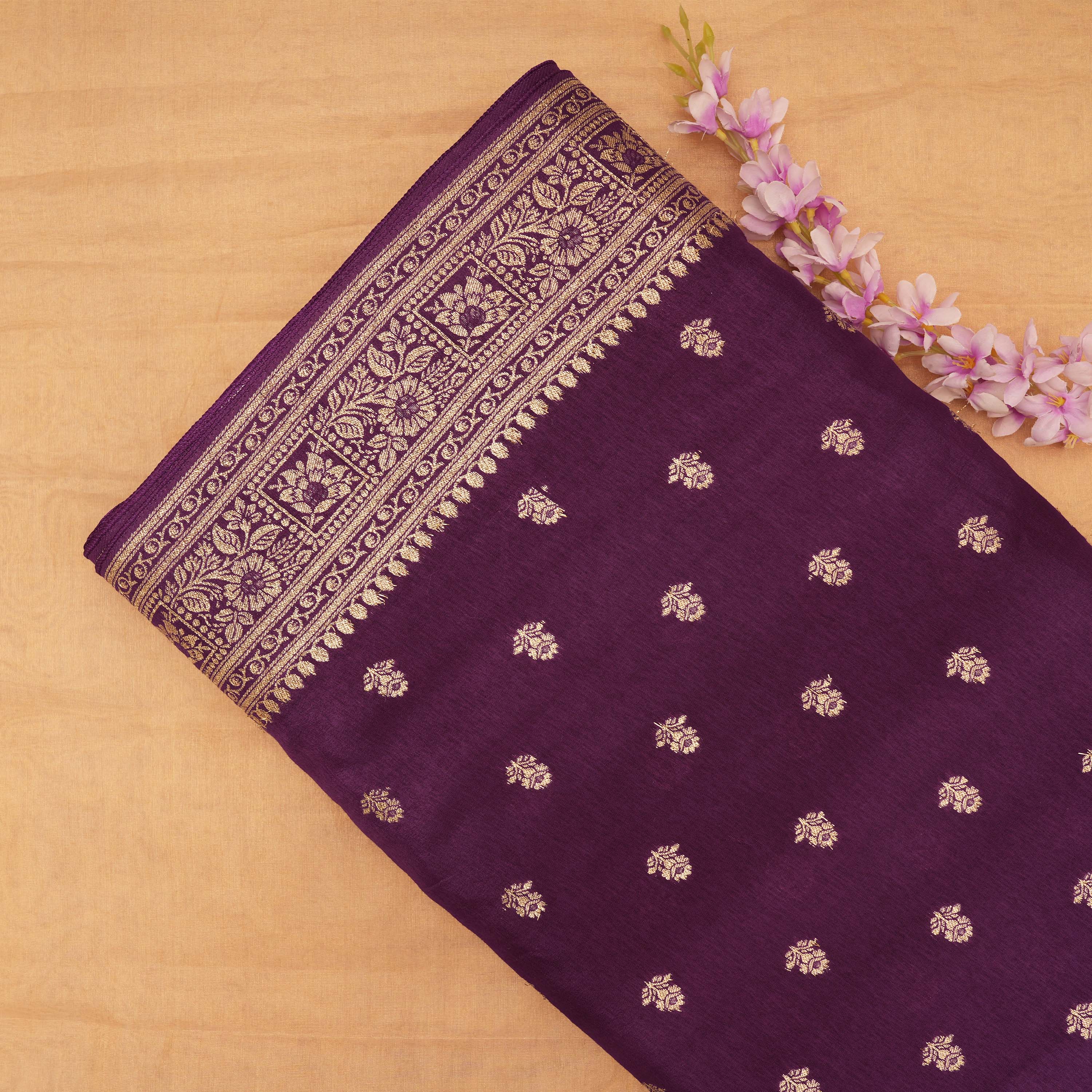 Deep Plum Floral Gold Butti Jamwar Silk Fabric