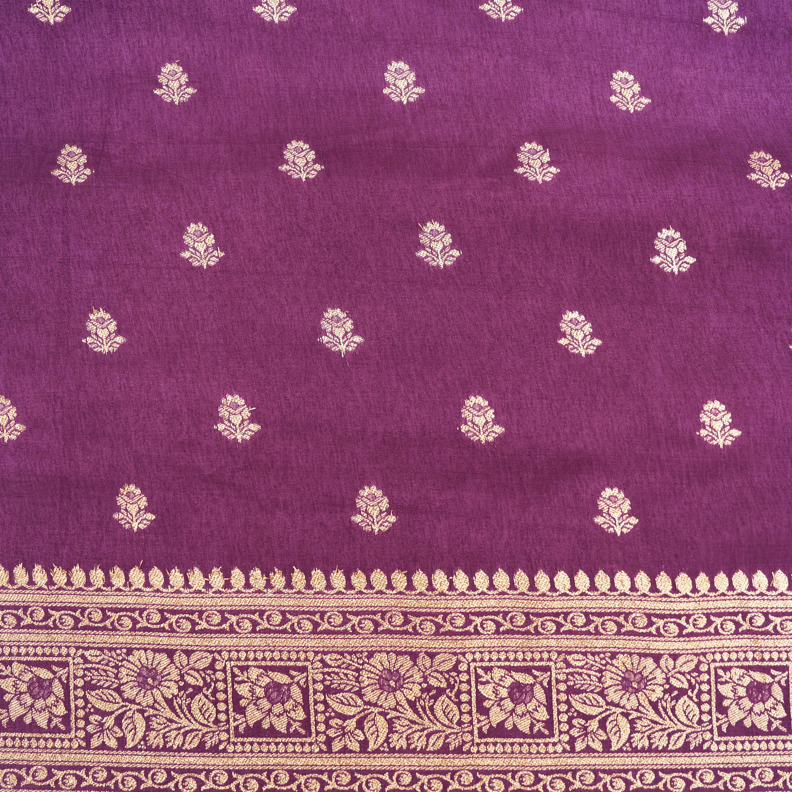 Deep Plum Floral Gold Butti Jamawar Silk Fabric