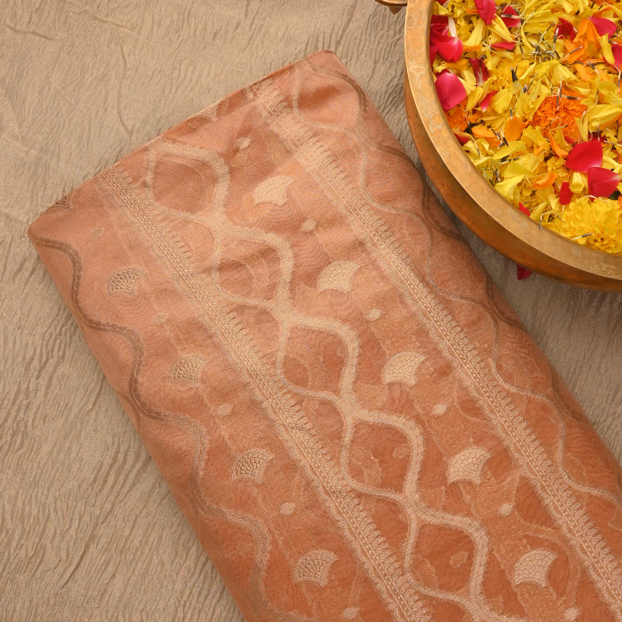 Crayola Peach Tissue Fabric With Zari Weaving