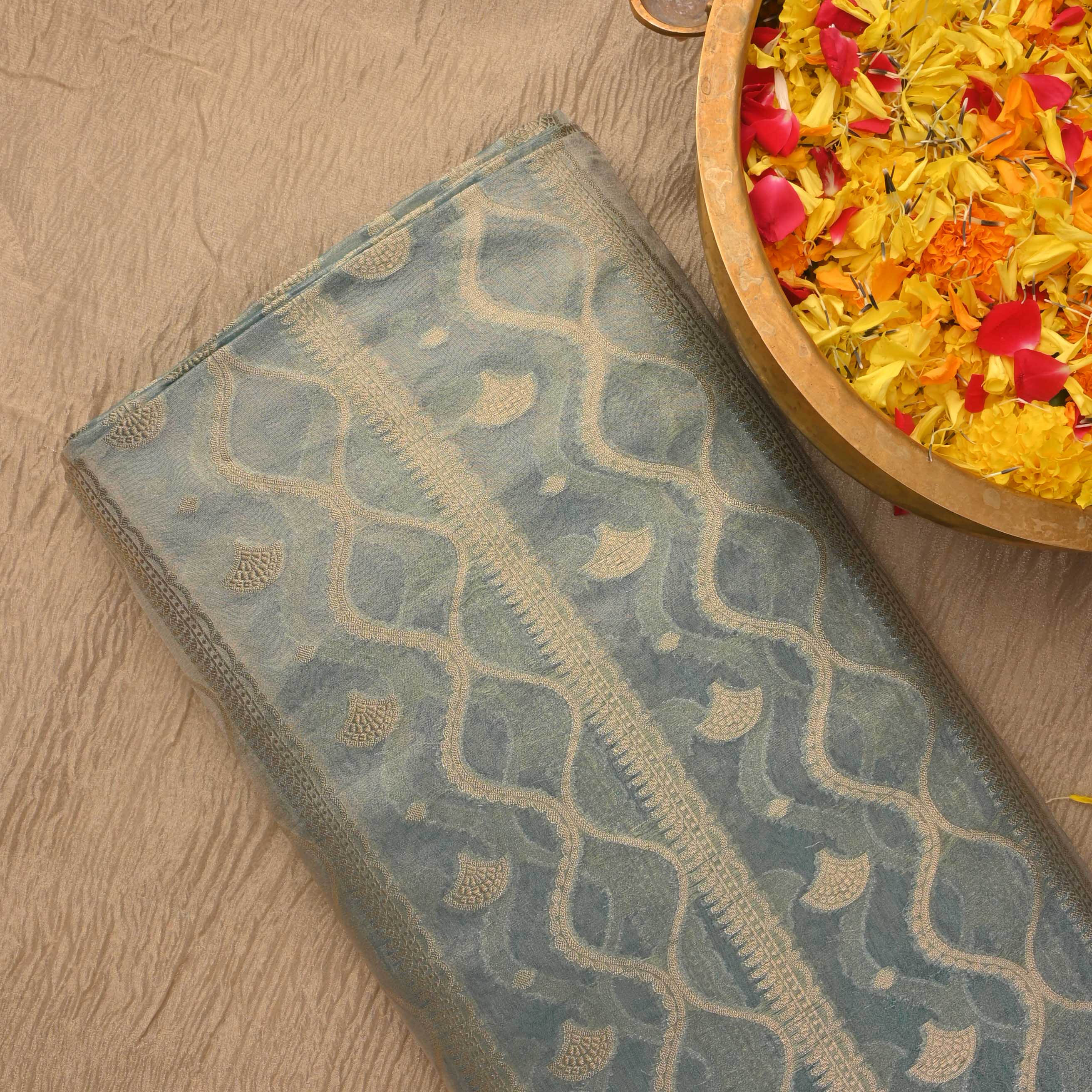 Powder Blue Tissue Fabric With Zari Weaving