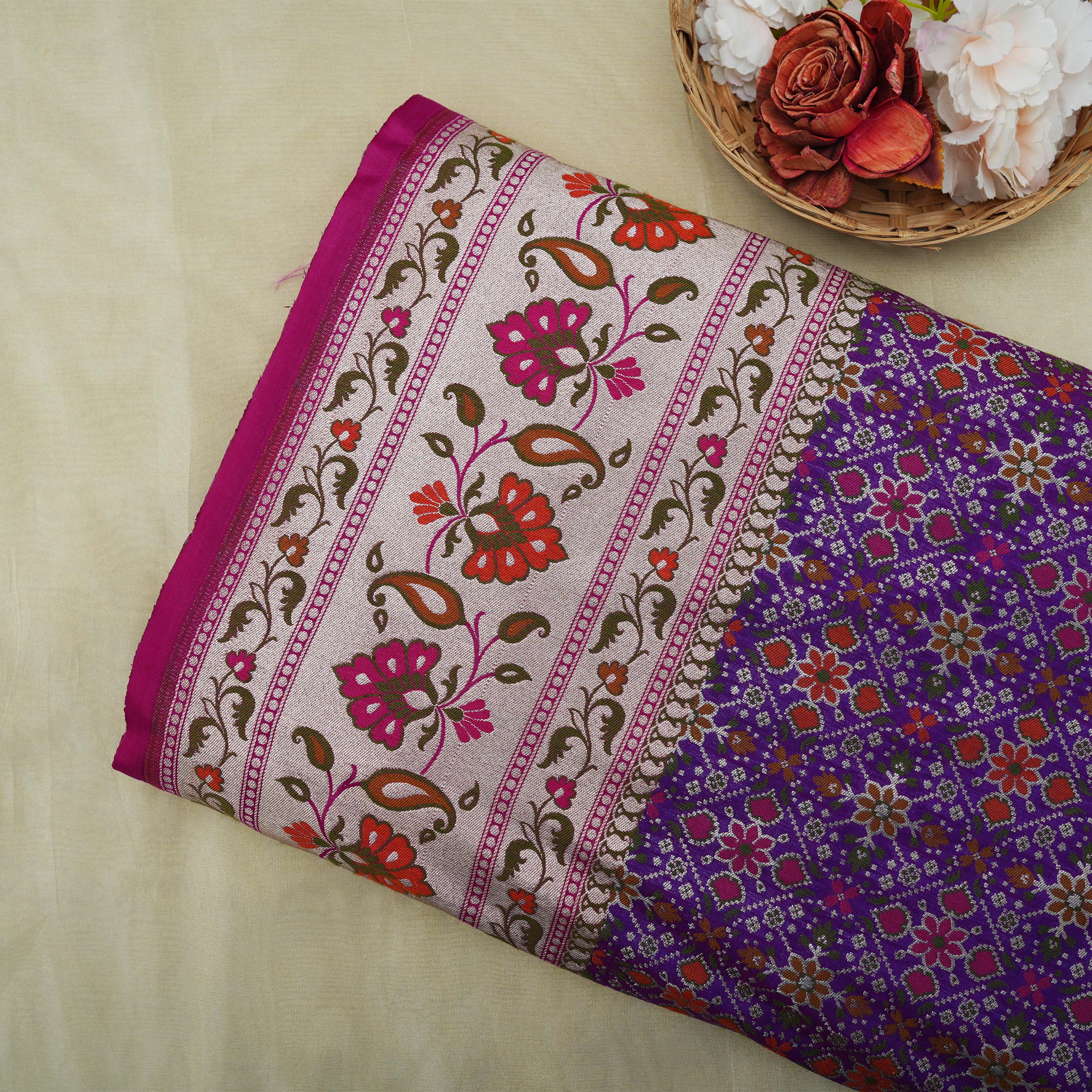 Violet Purple Geometric Florals With Paisley Patola Silk Fabric