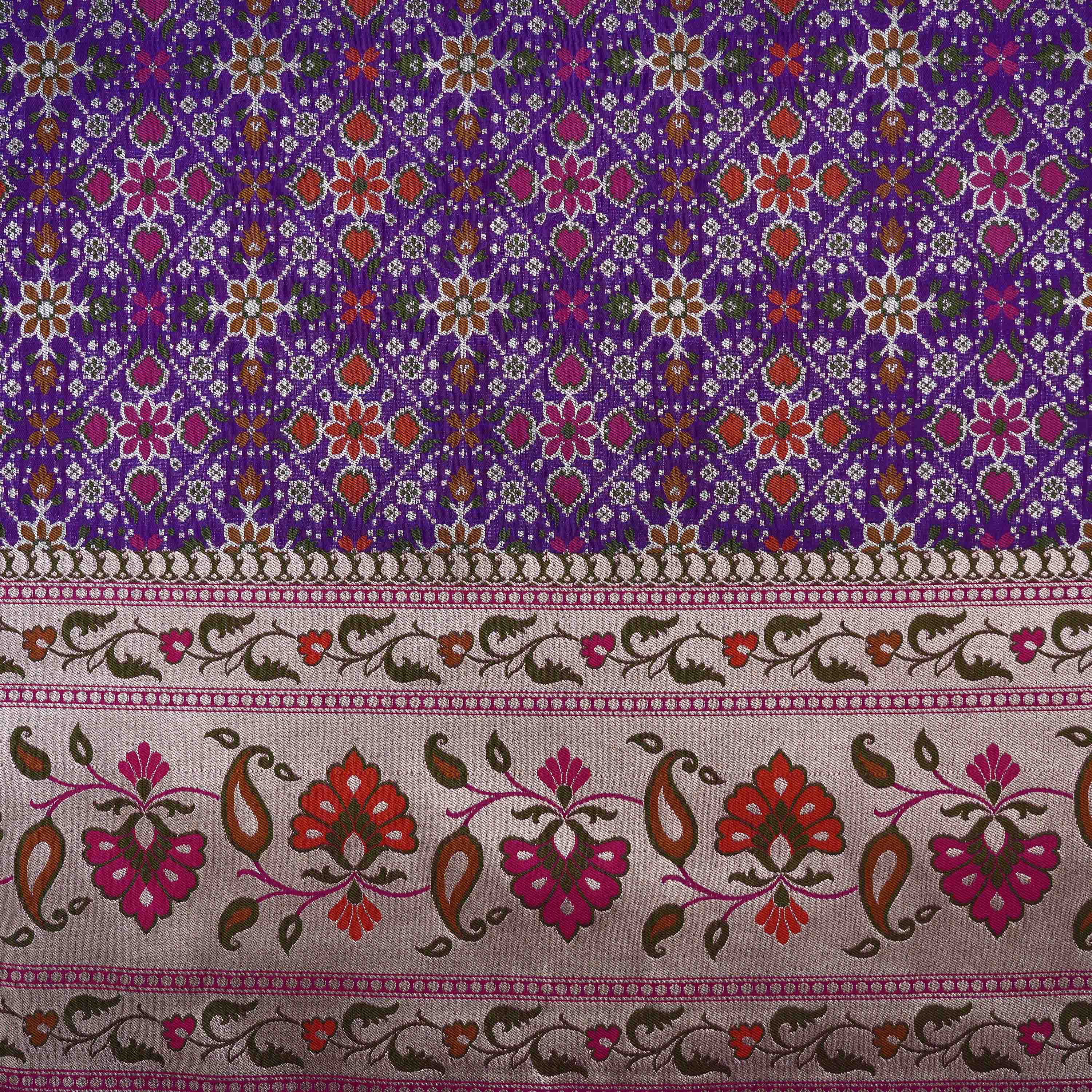 Violet Purple Geometric Florals With Paisley Patola Silk Fabric