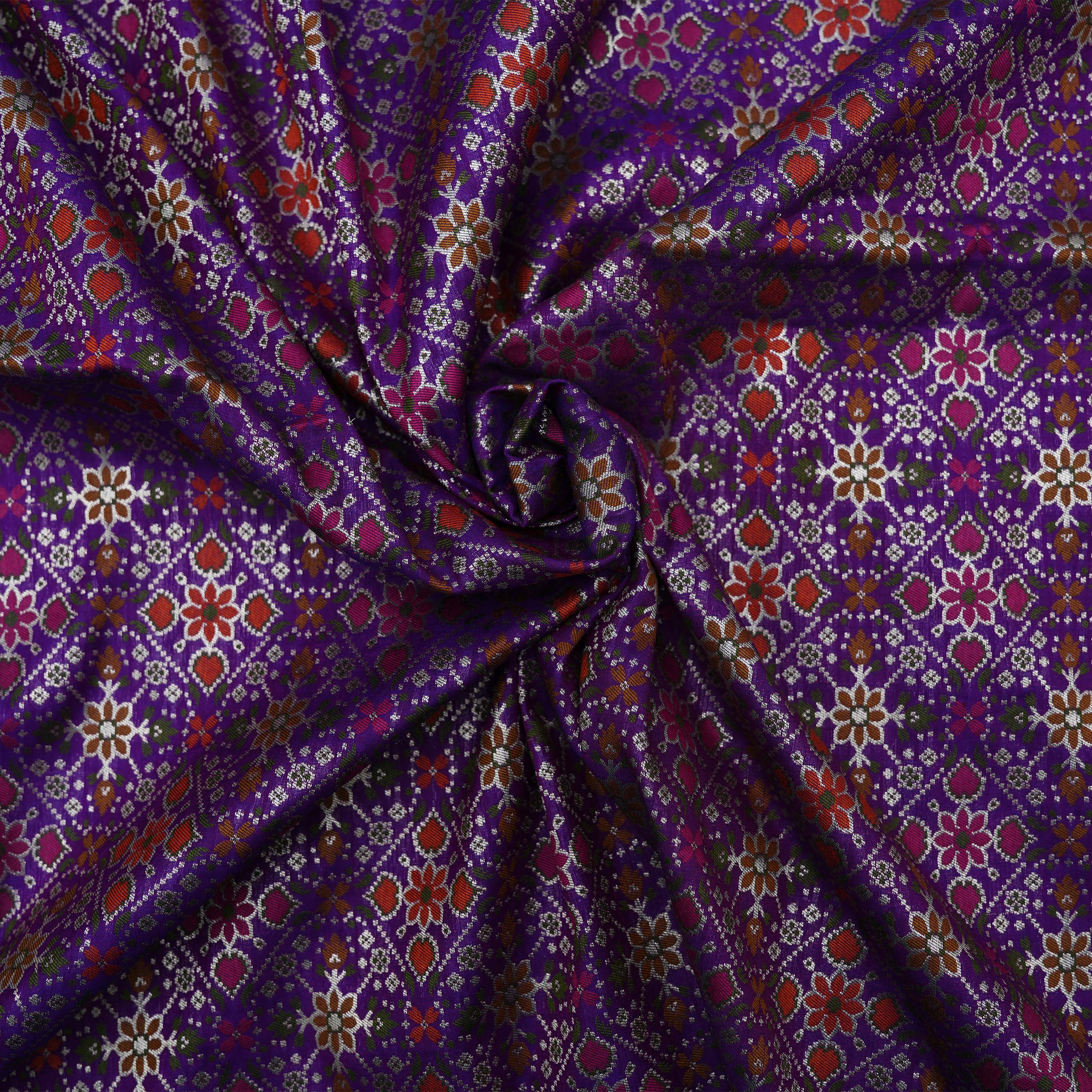 Violet Purple Geometric Florals With Paisley Patola Silk Fabric