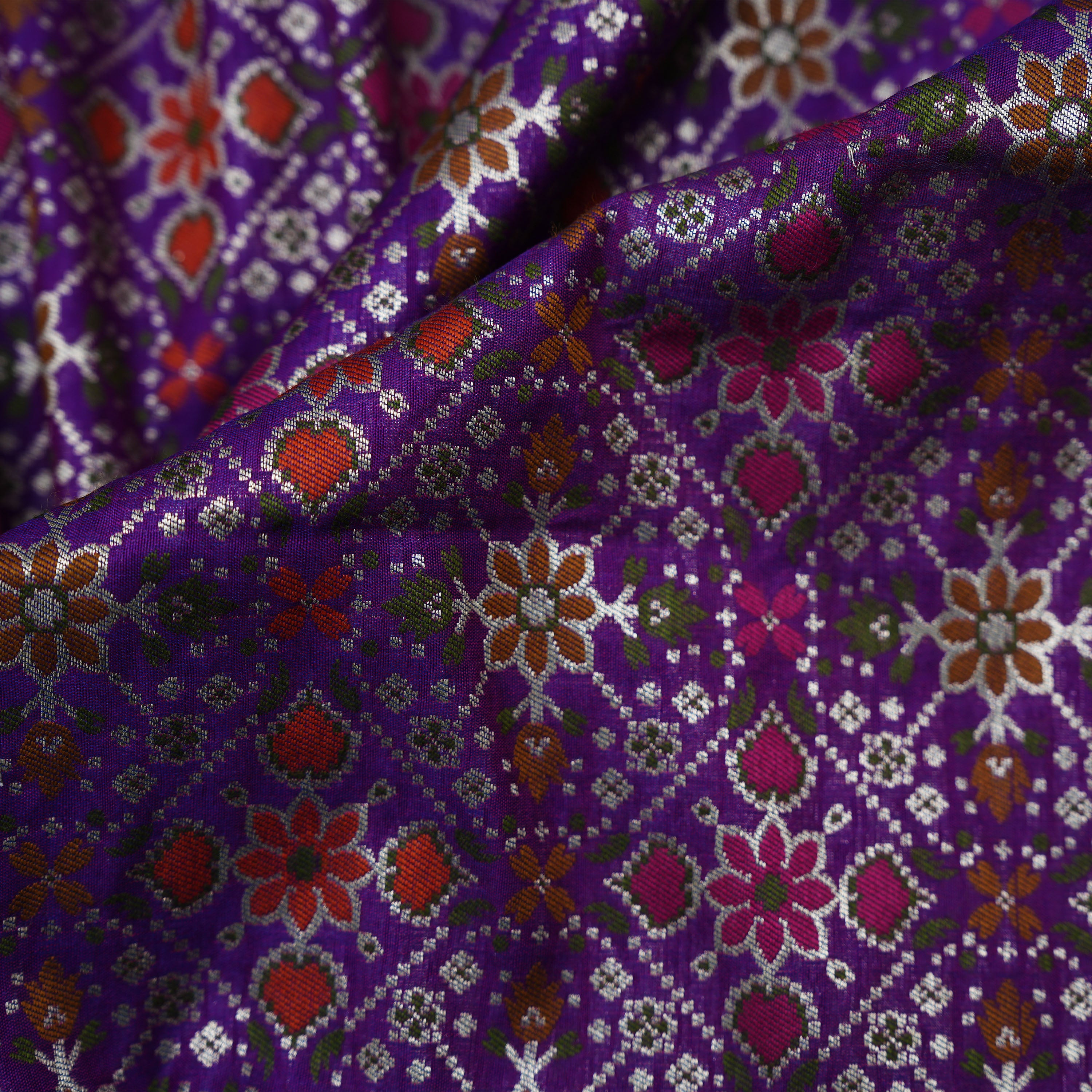 Violet Purple Geometric Florals With Paisley Patola Silk Fabric