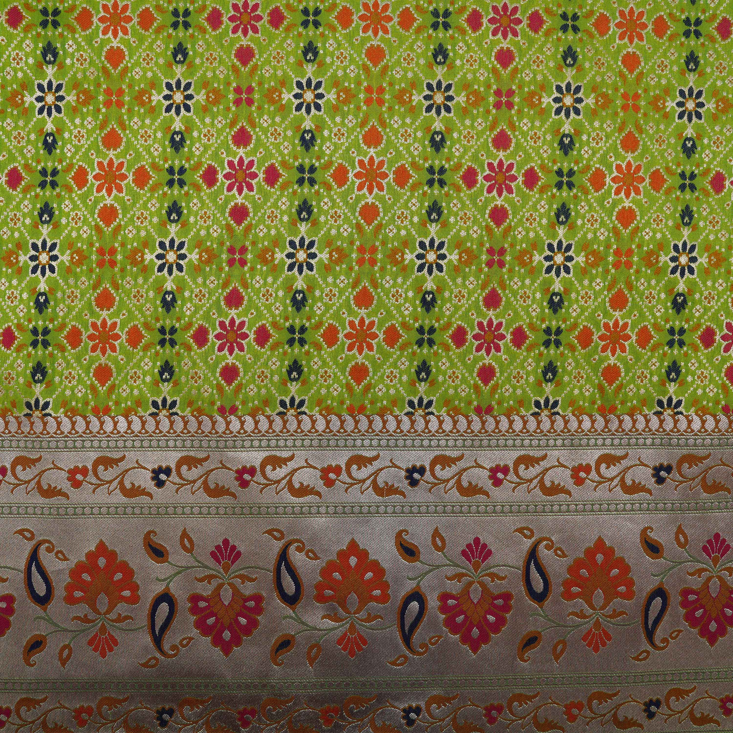 Leafy Green Geometric With Floral Paisley Patola Silk Fabric