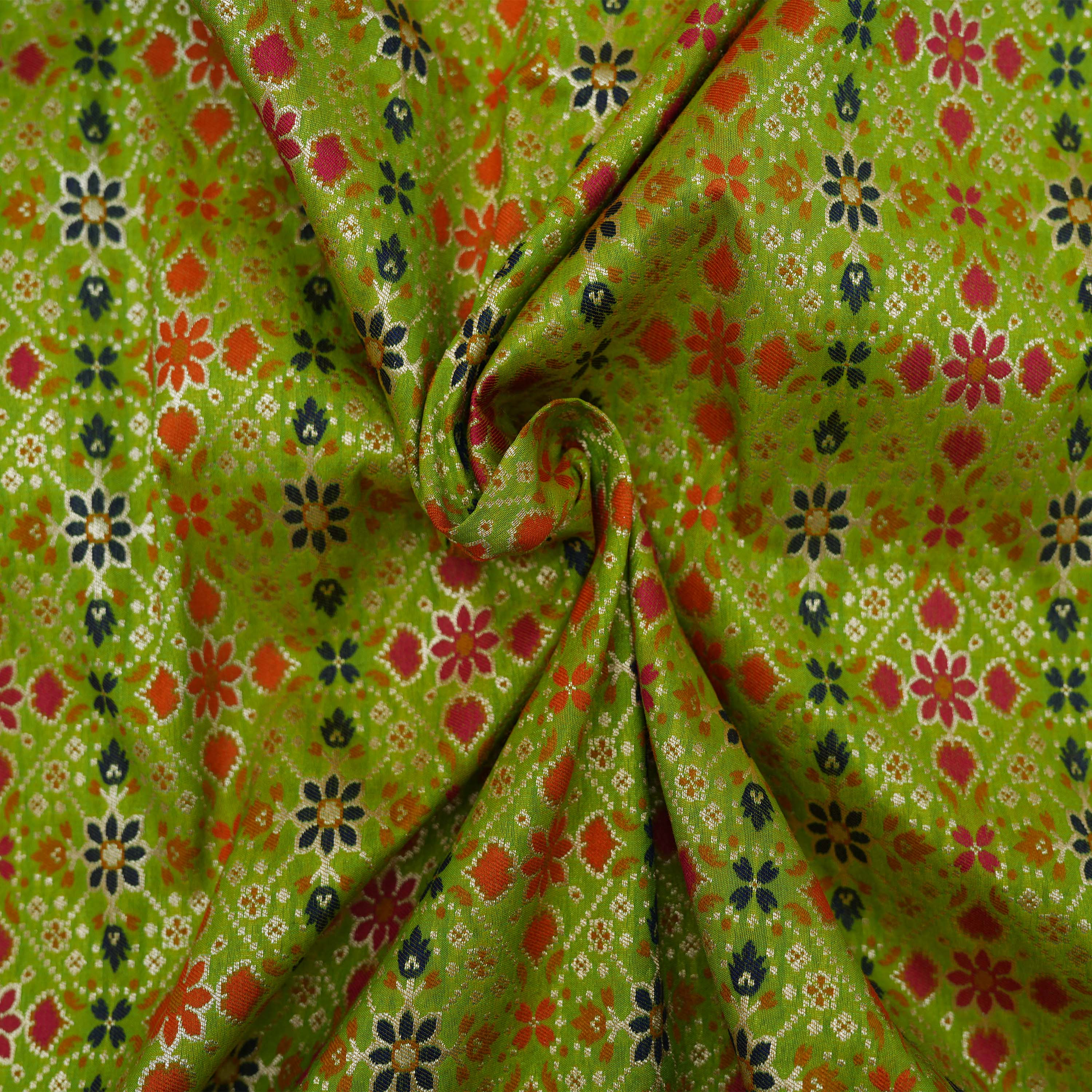 Leafy Green Geometric With Floral Paisley Patola Silk Fabric
