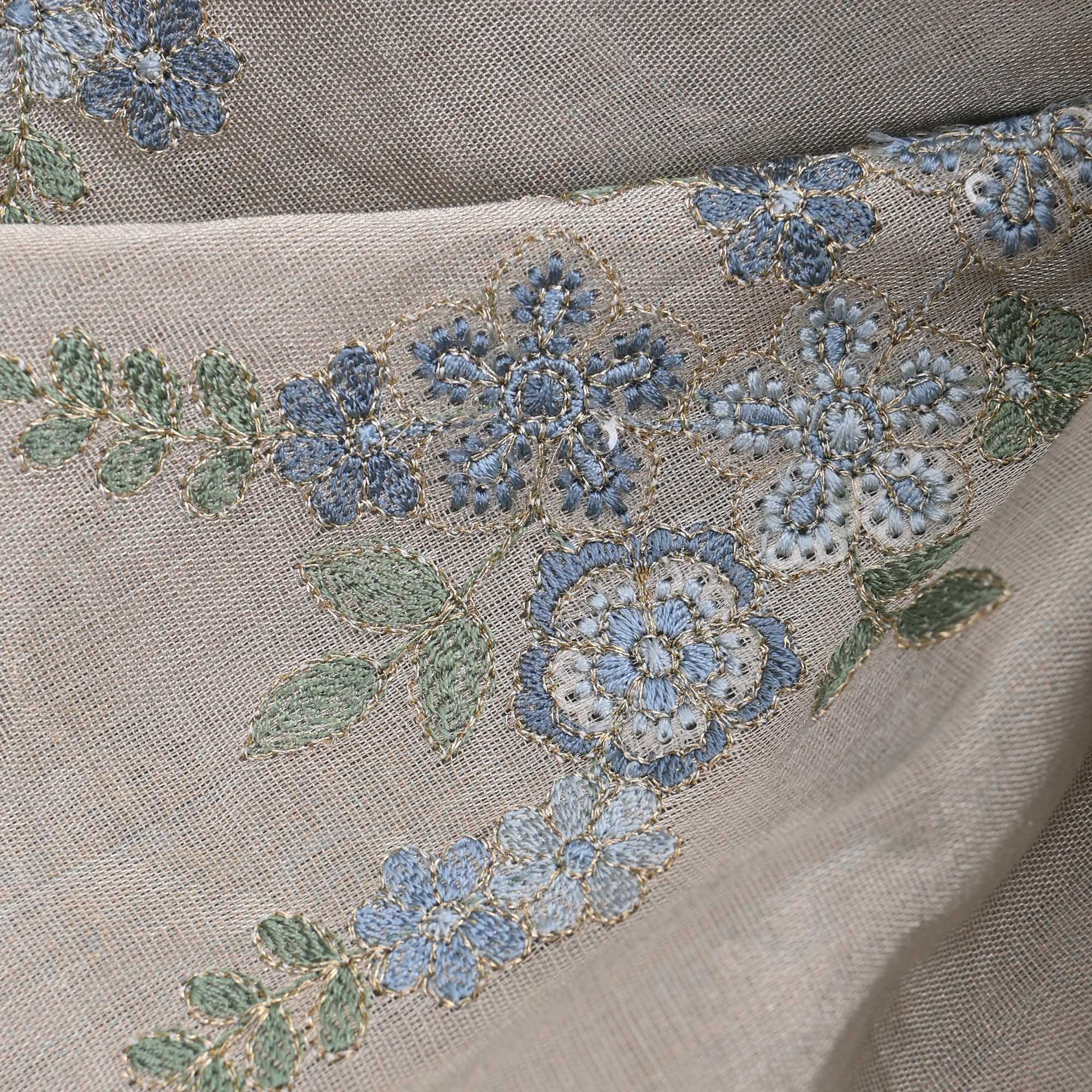 Metallic Silver Tissue Fabric With Embroidery