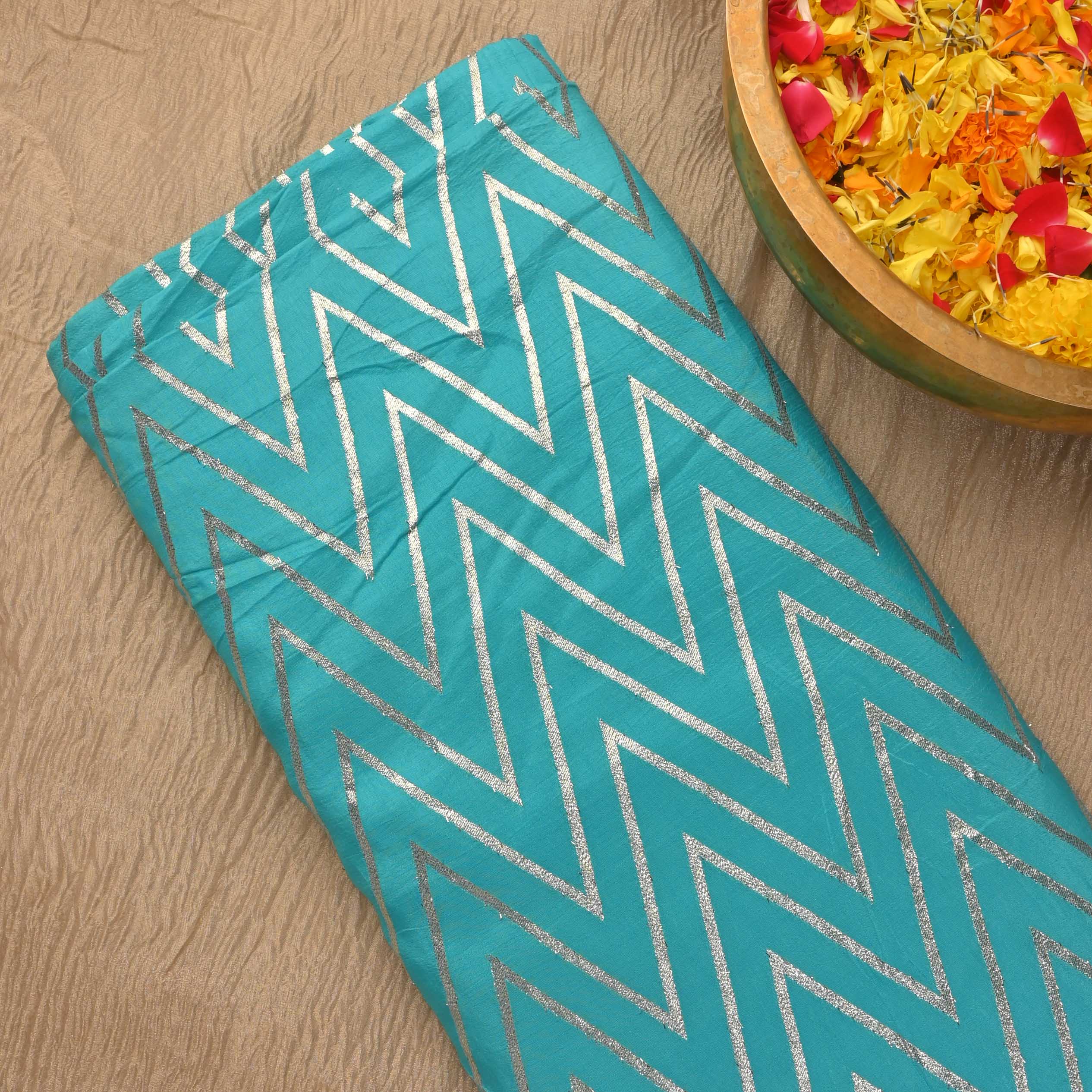 Dark Turquoise Zig-Zag Brocade Banarasi Fabric