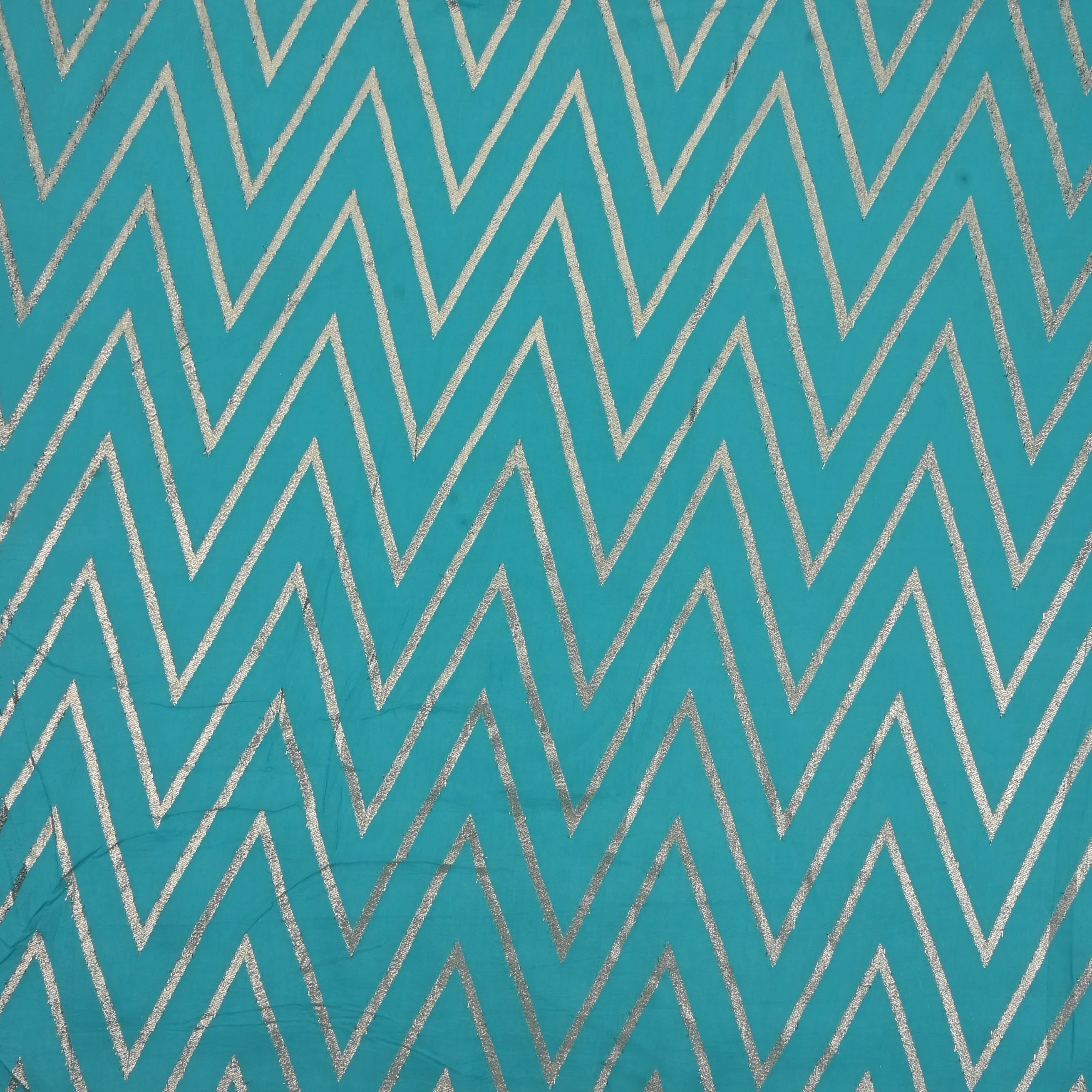 Dark Turquoise Zig-Zag Brocade Banarasi Fabric