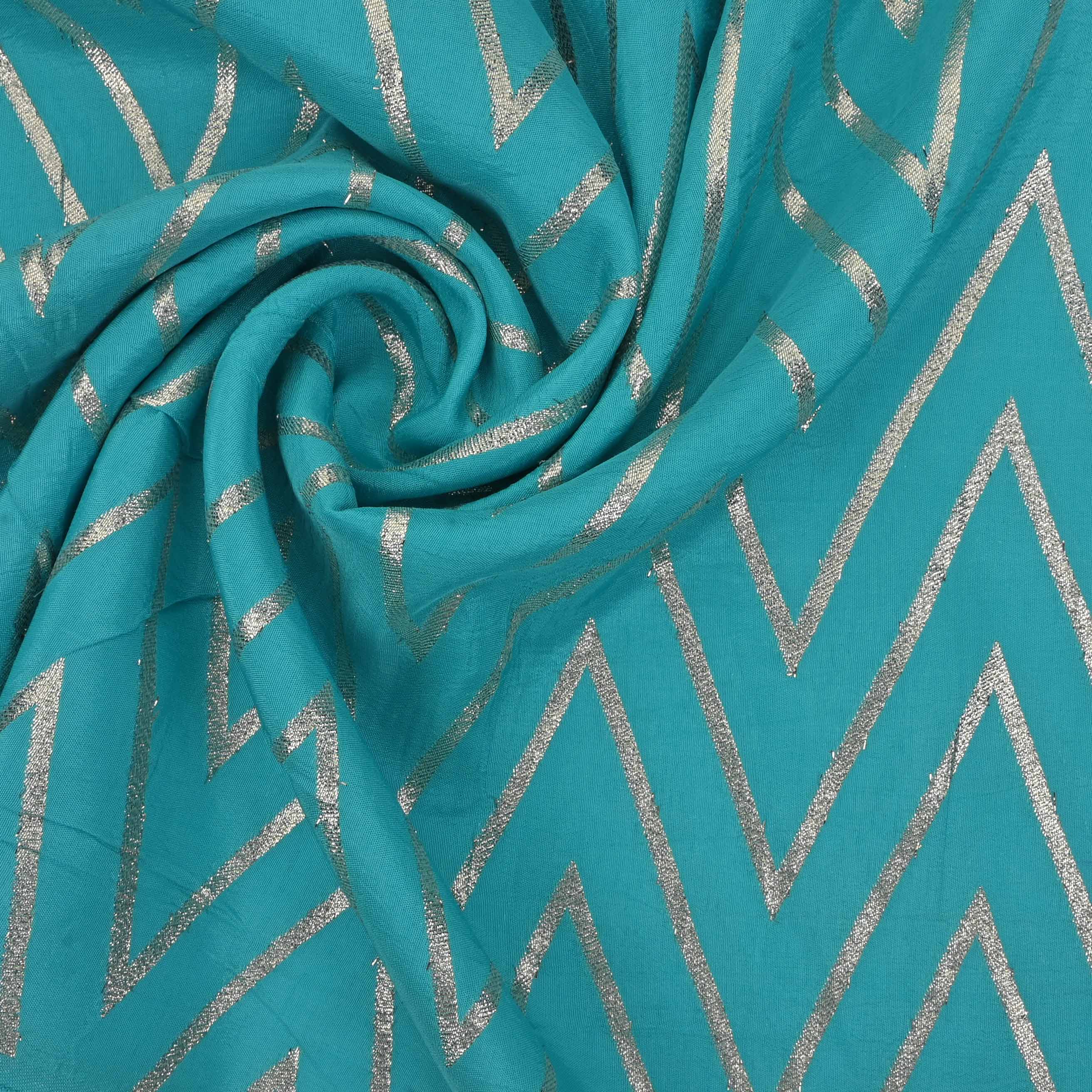 Dark Turquoise Zig-Zag Brocade Banarasi Fabric