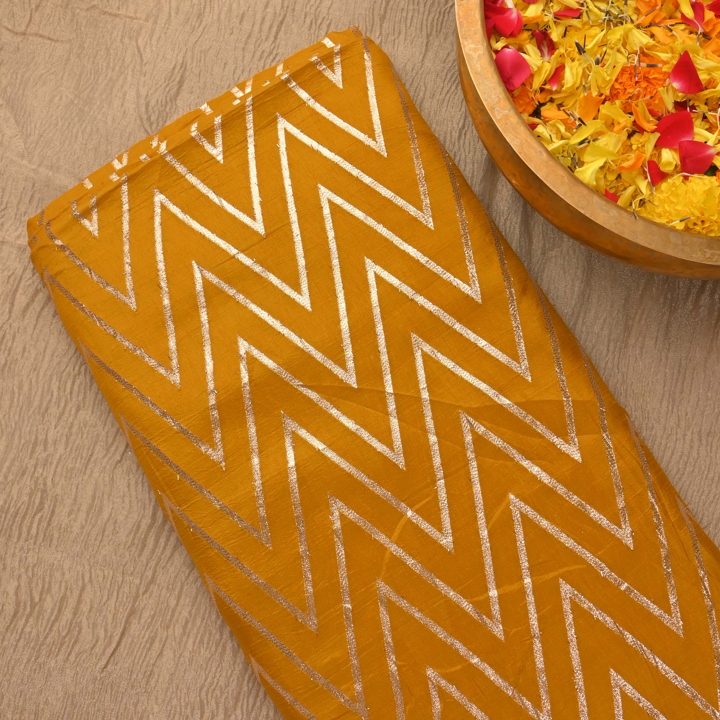 Orange Yellow Zig-Zag Brocade Banarasi Fabric