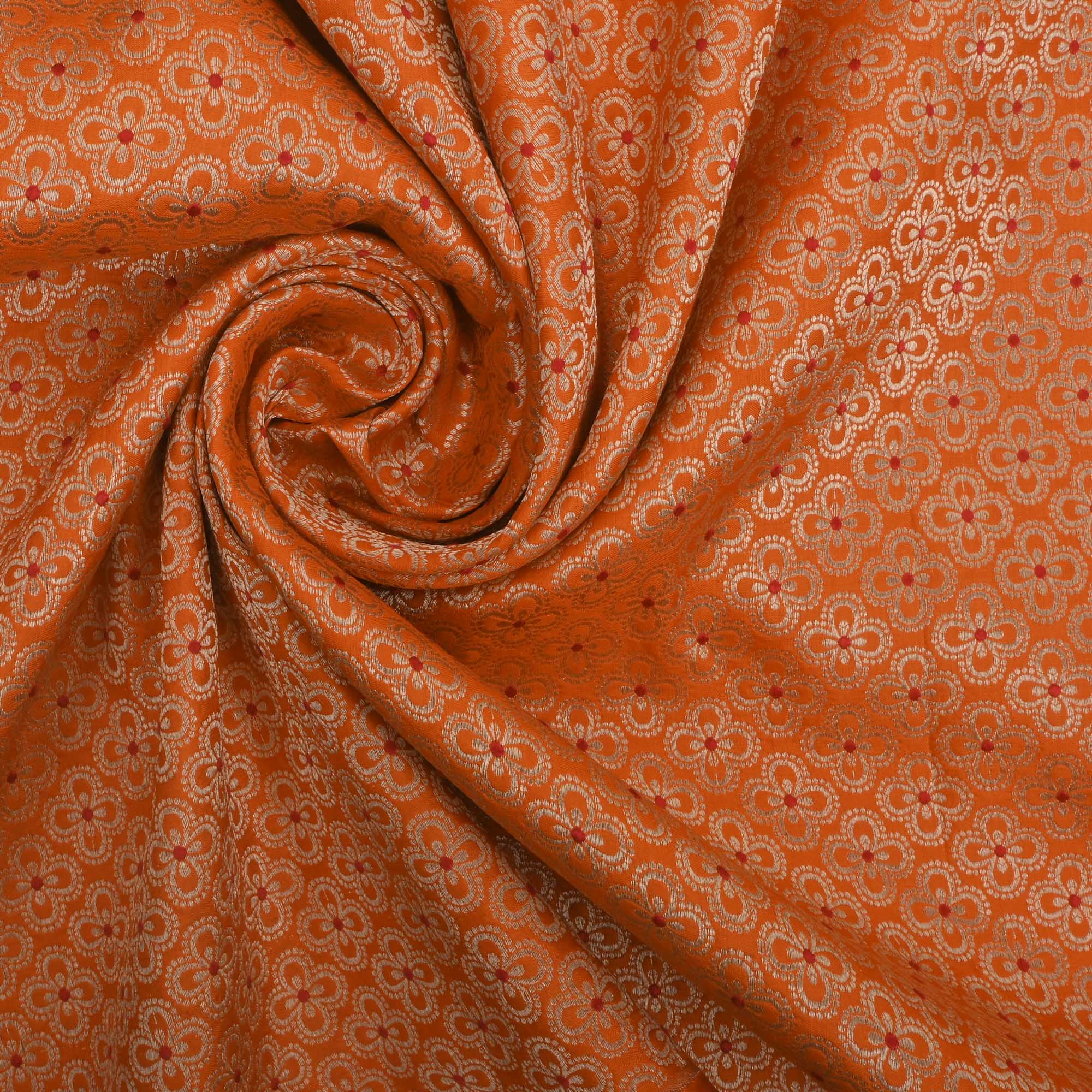 Flame Orange Banarasi Floral Weave Fabric