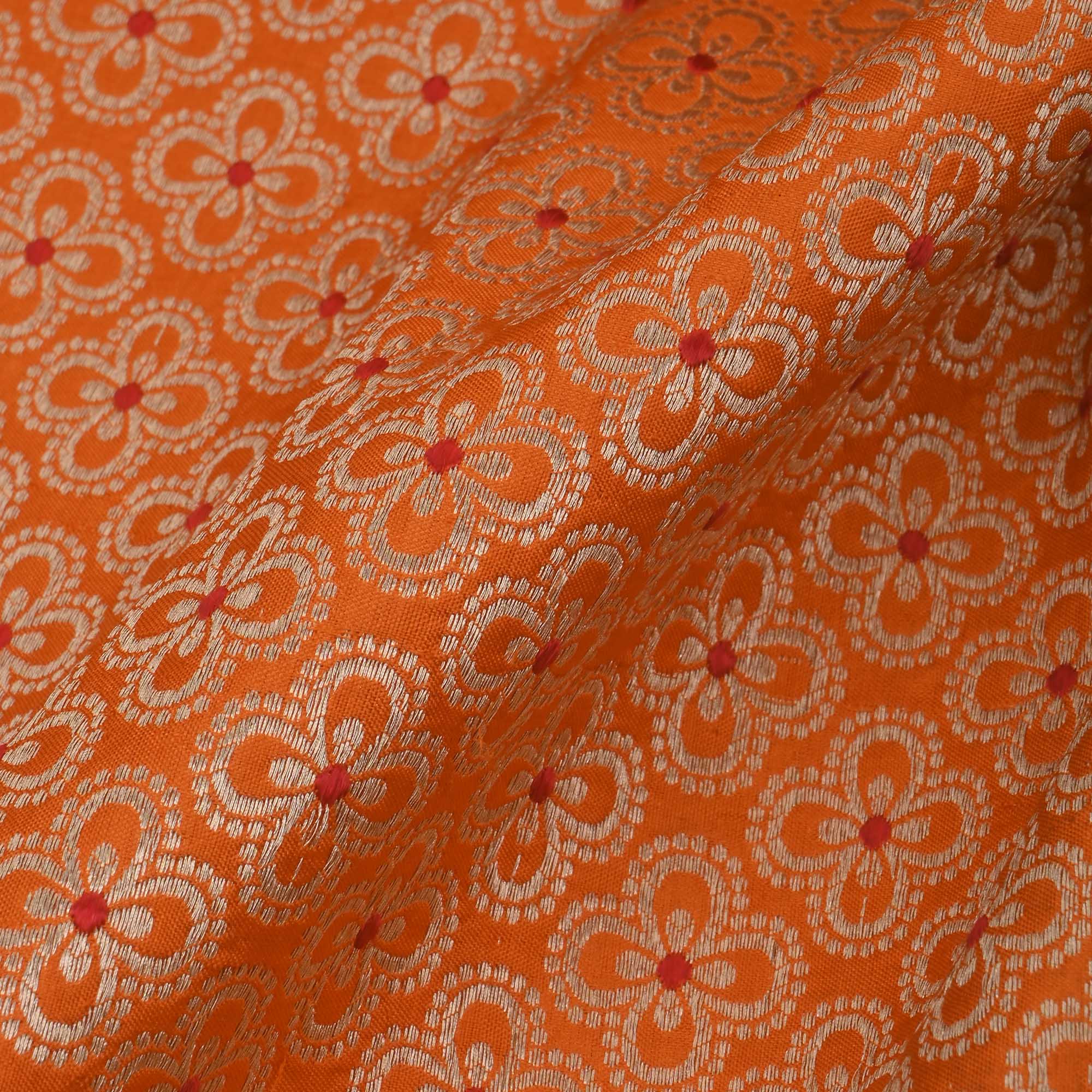 Flame Orange Banarasi Floral Weave Fabric