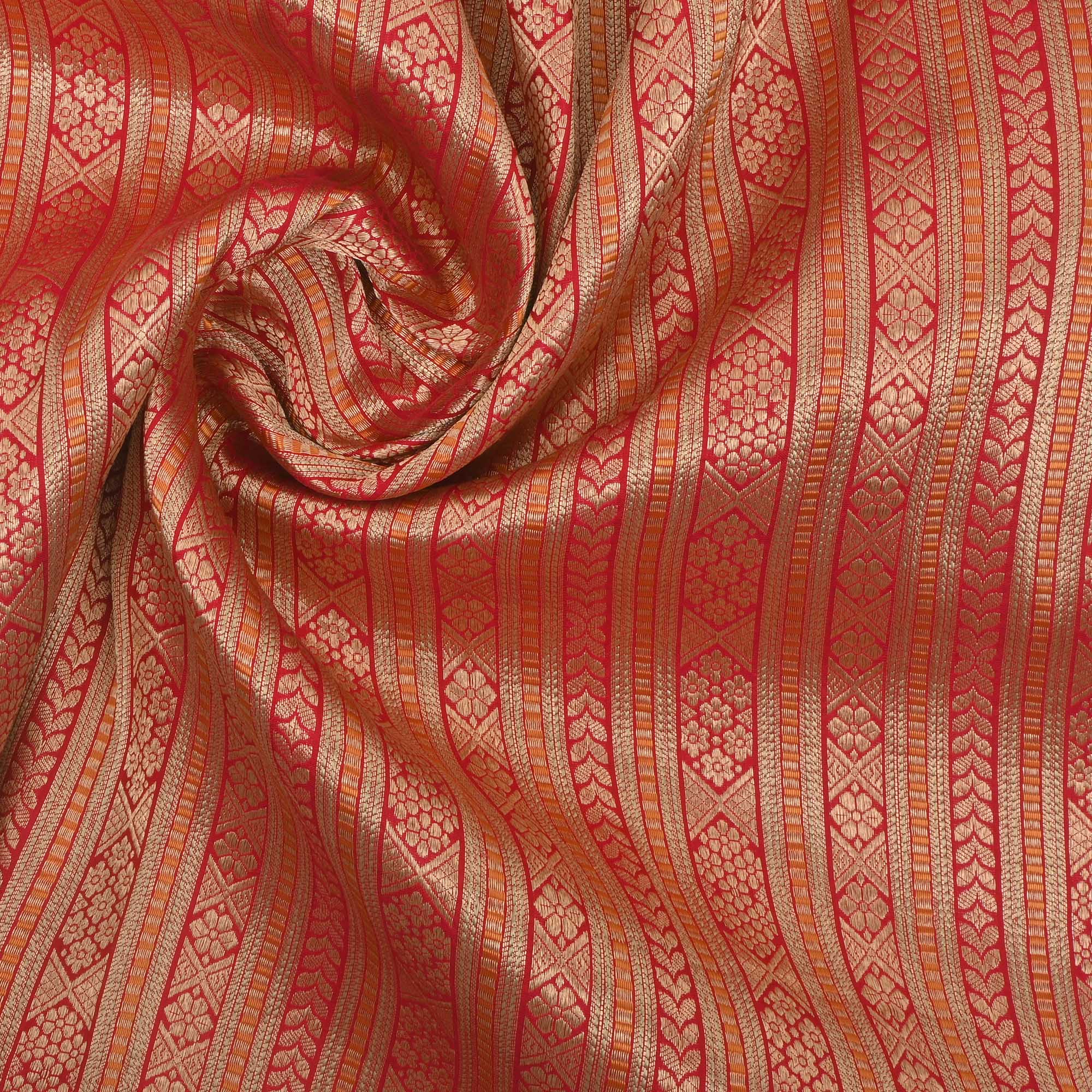 Crimson Red Banarasi Striped Weave Fabric