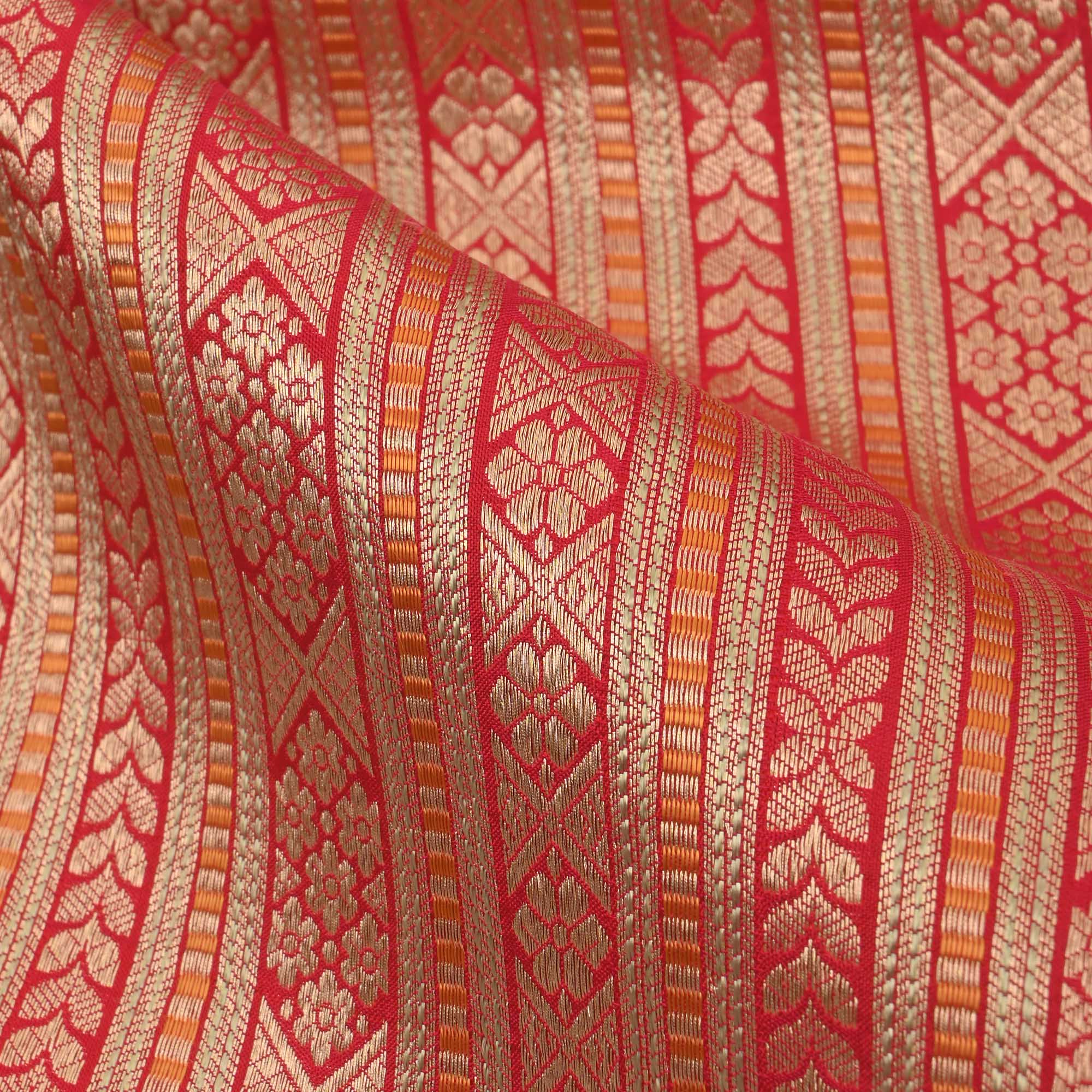 Crimson Red Banarasi Striped Weave Fabric