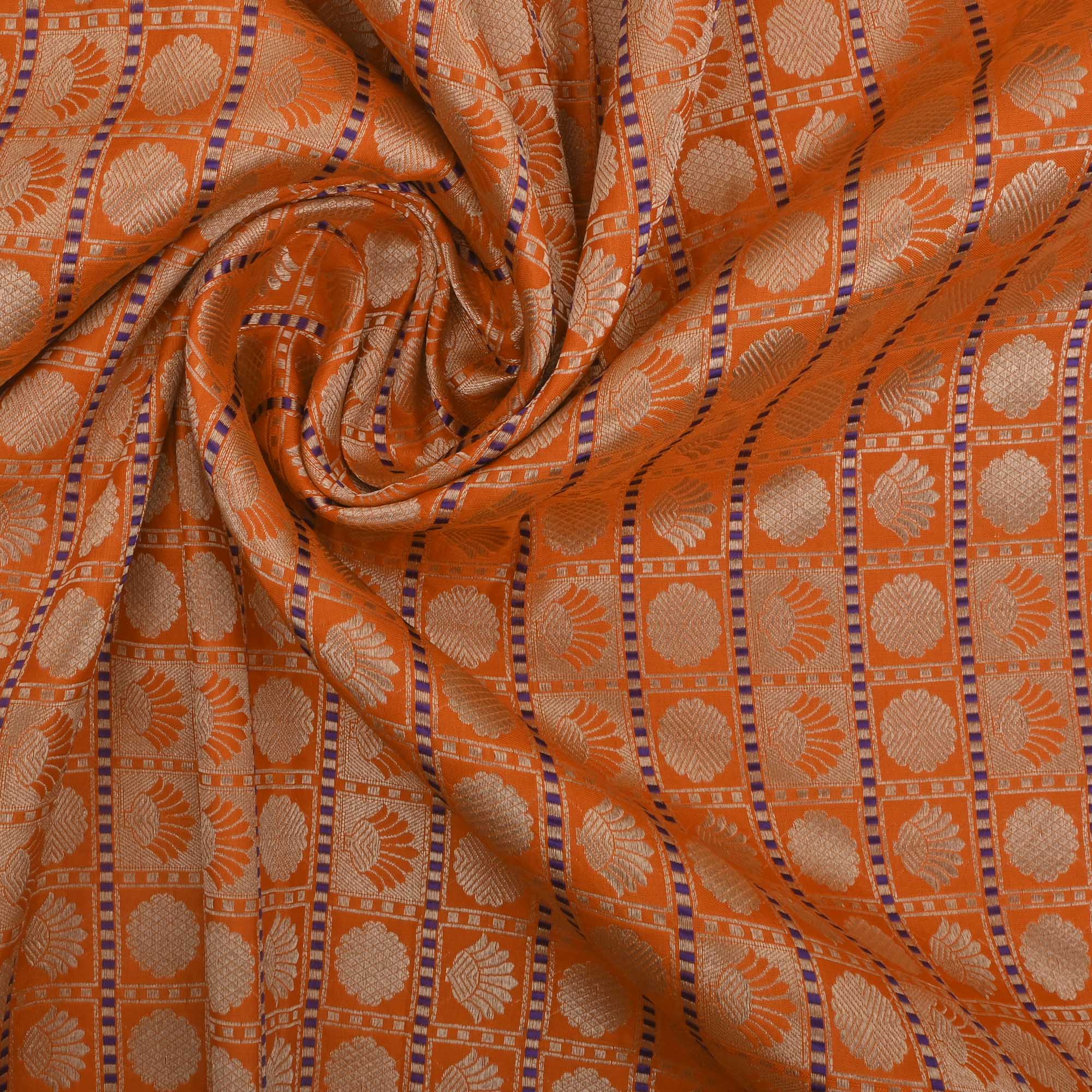 Pumpkin Orange Banarasi Butta Checks Fabric