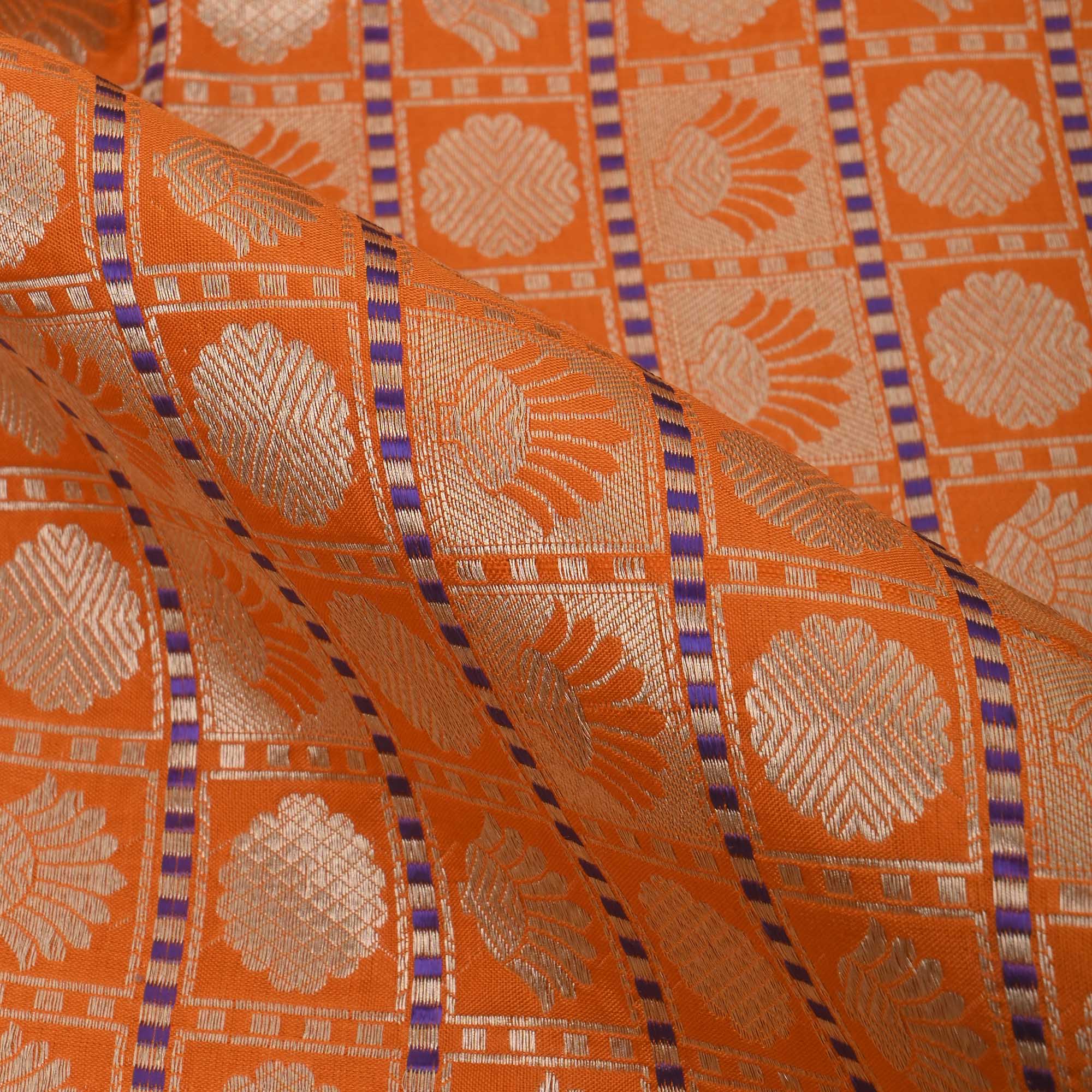 Pumpkin Orange Banarasi Butta Checks Fabric