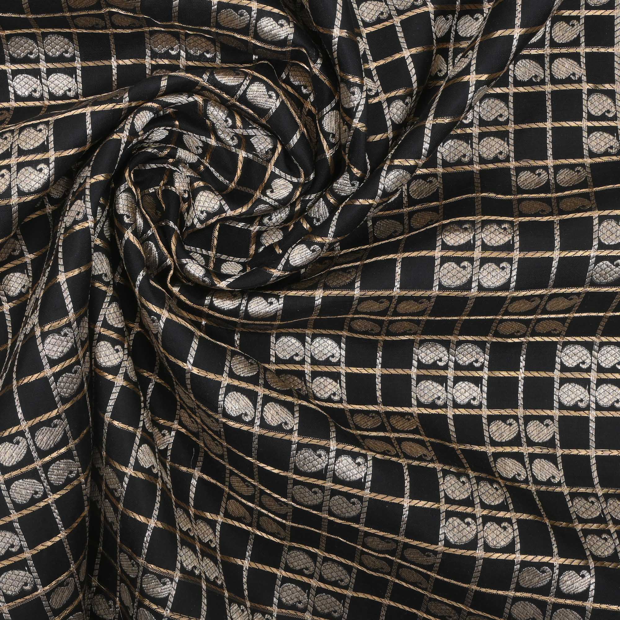 Kajal Black Banarasi Paisley Checks Fabric