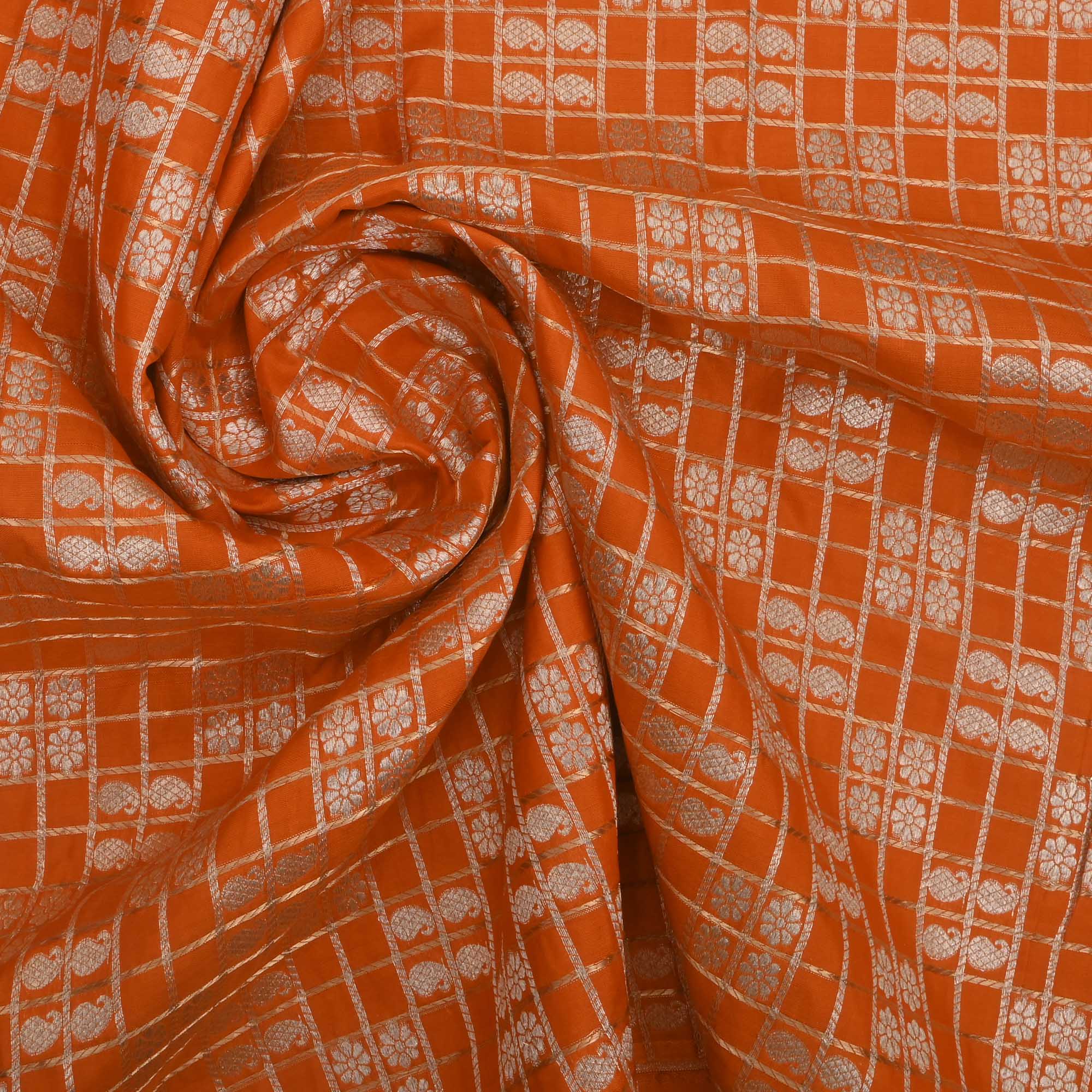 Metallic Orange Banarasi Butta Checks Fabric