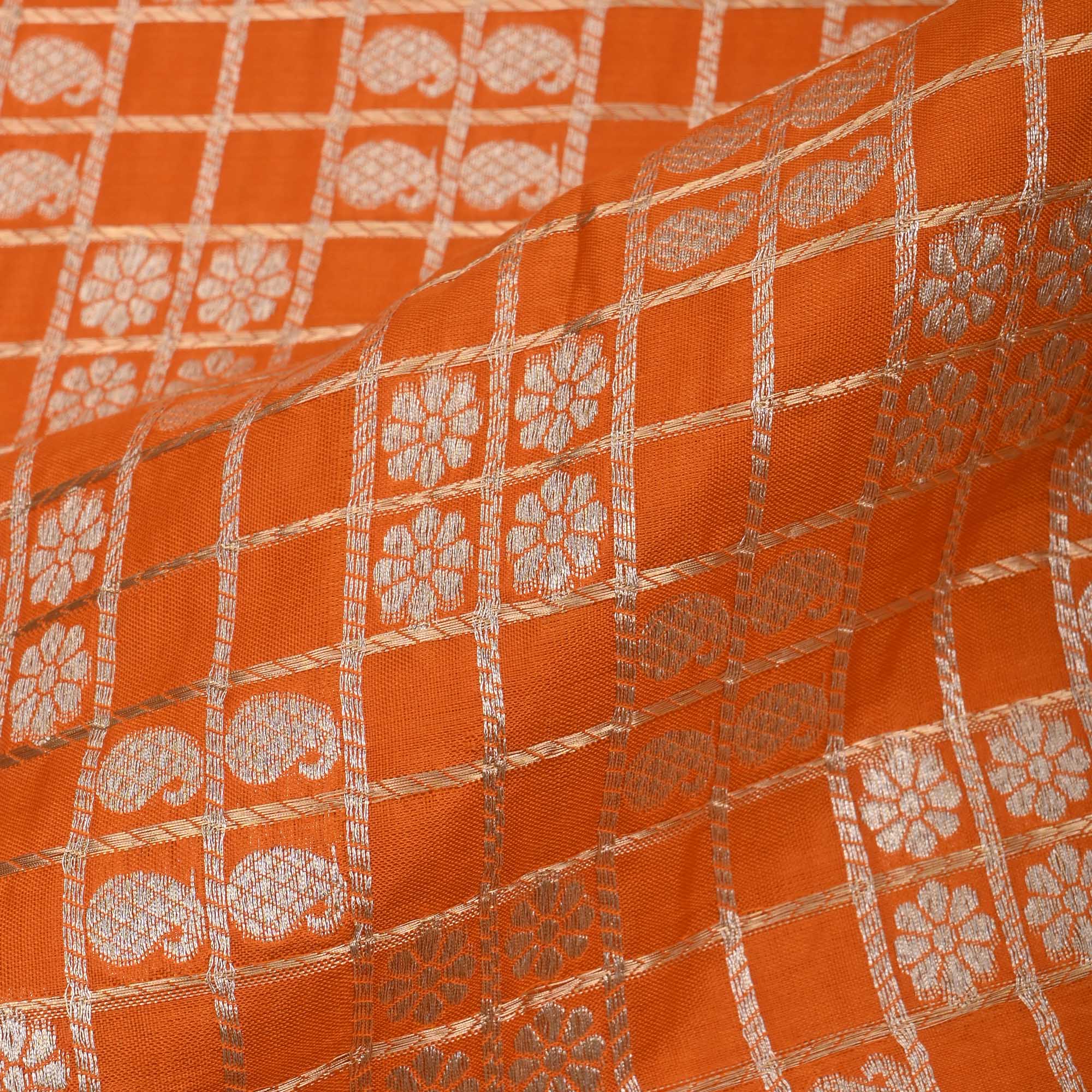 Metallic Orange Banarasi Butta Checks Fabric