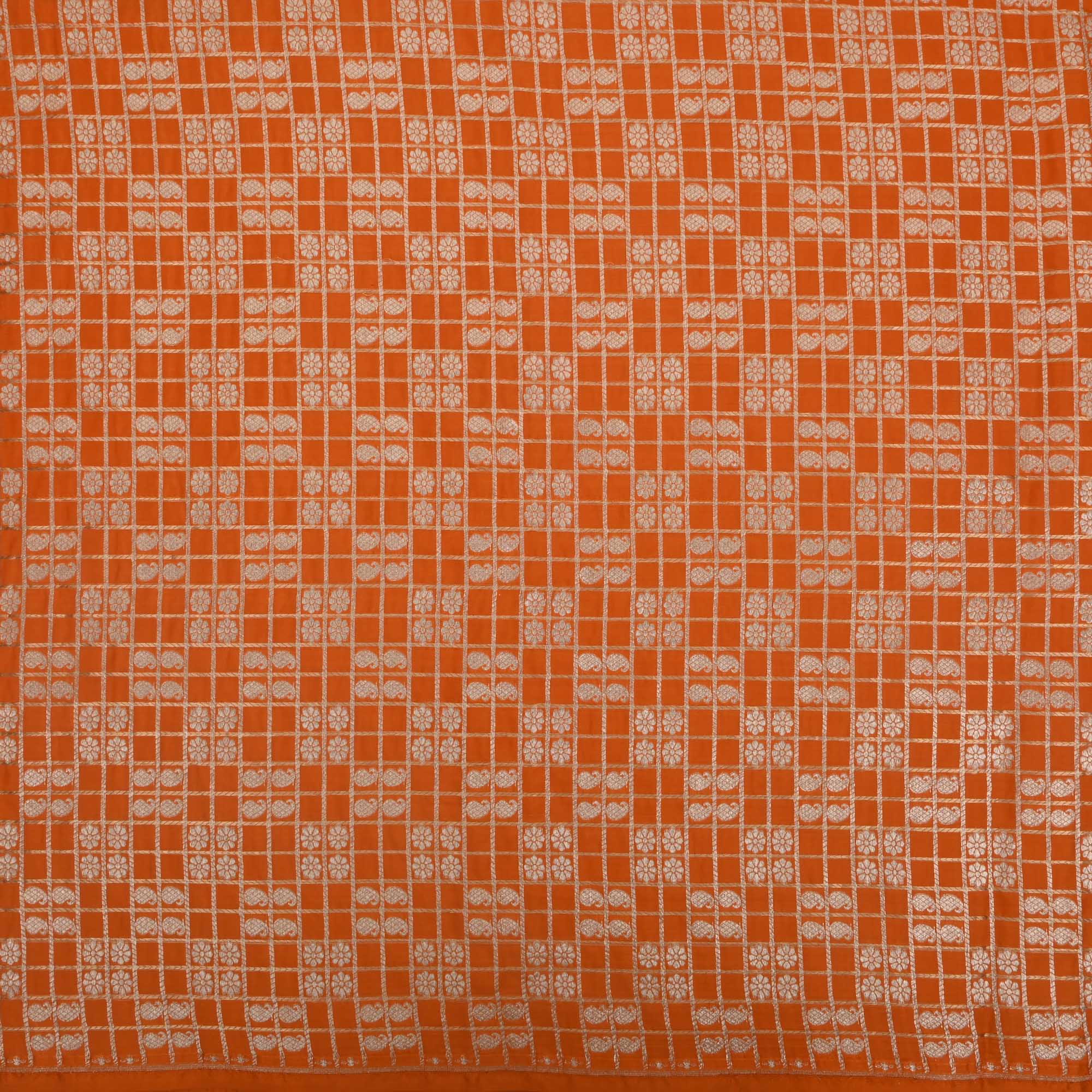 Metallic Orange Banarasi Butta Checks Fabric