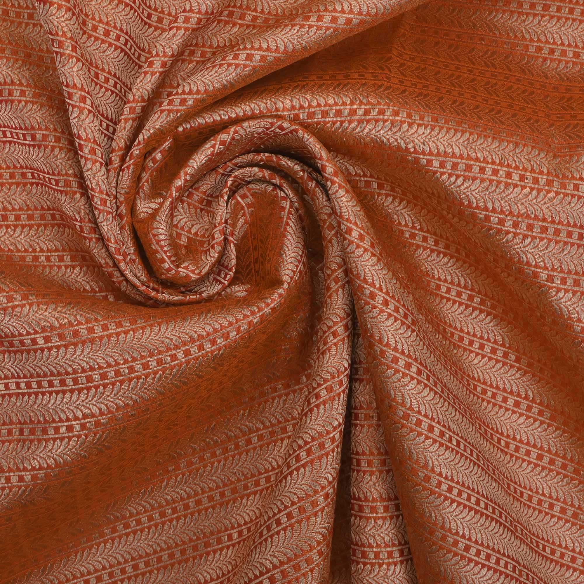 Rust Orange Banarasi Striped Weave Fabric