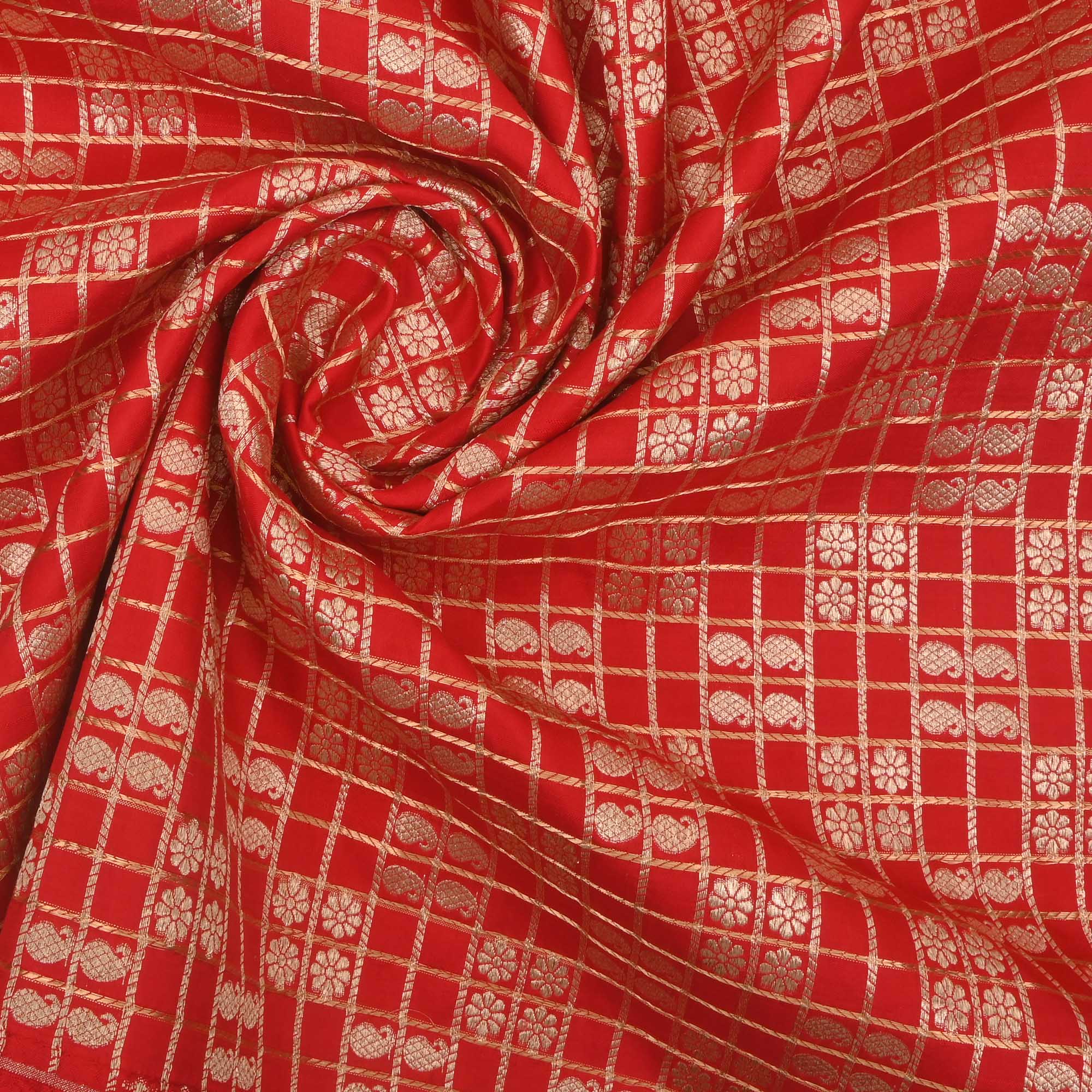 Persian Red Banarasi Butta Checks Fabric