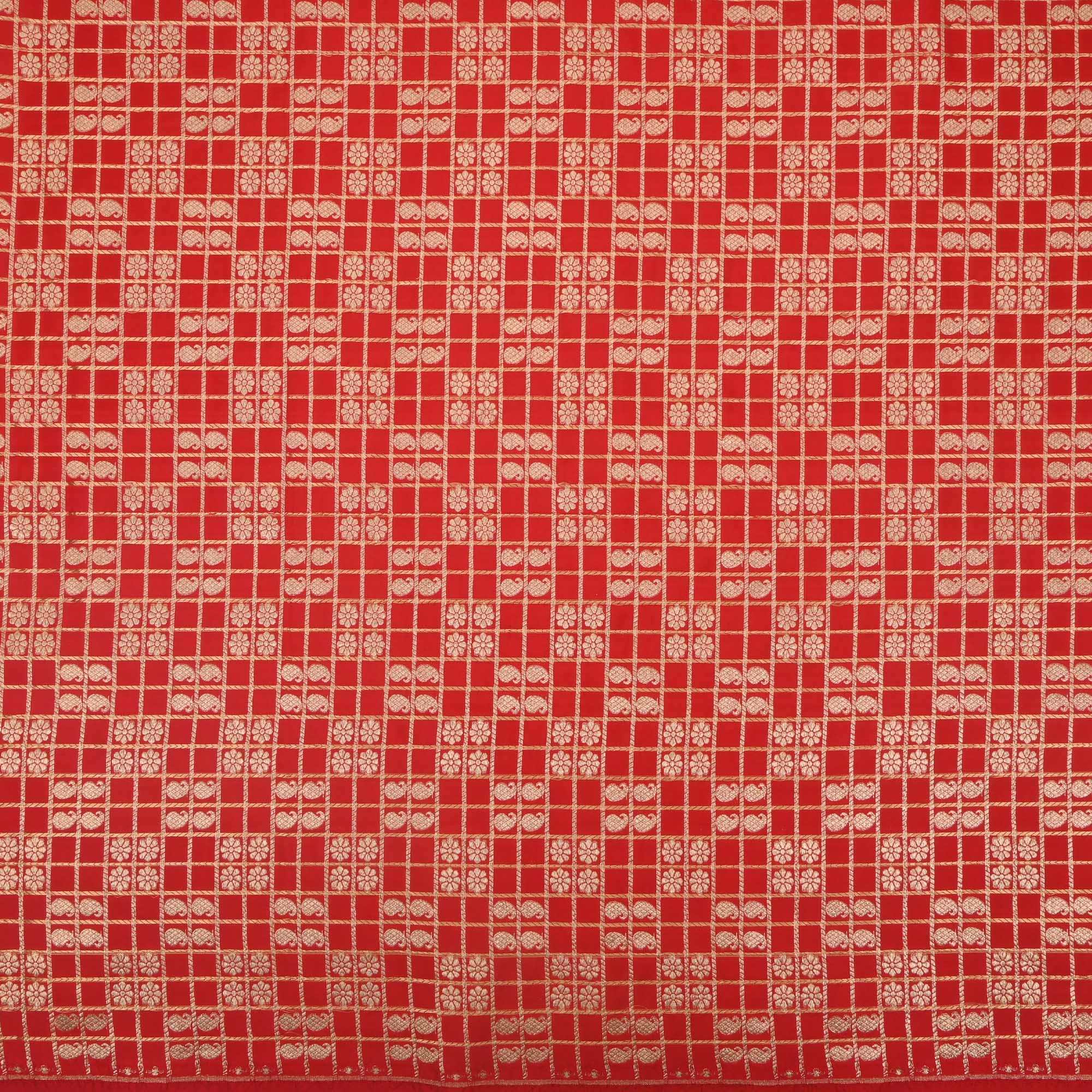 Persian Red Banarasi Butta Checks Fabric