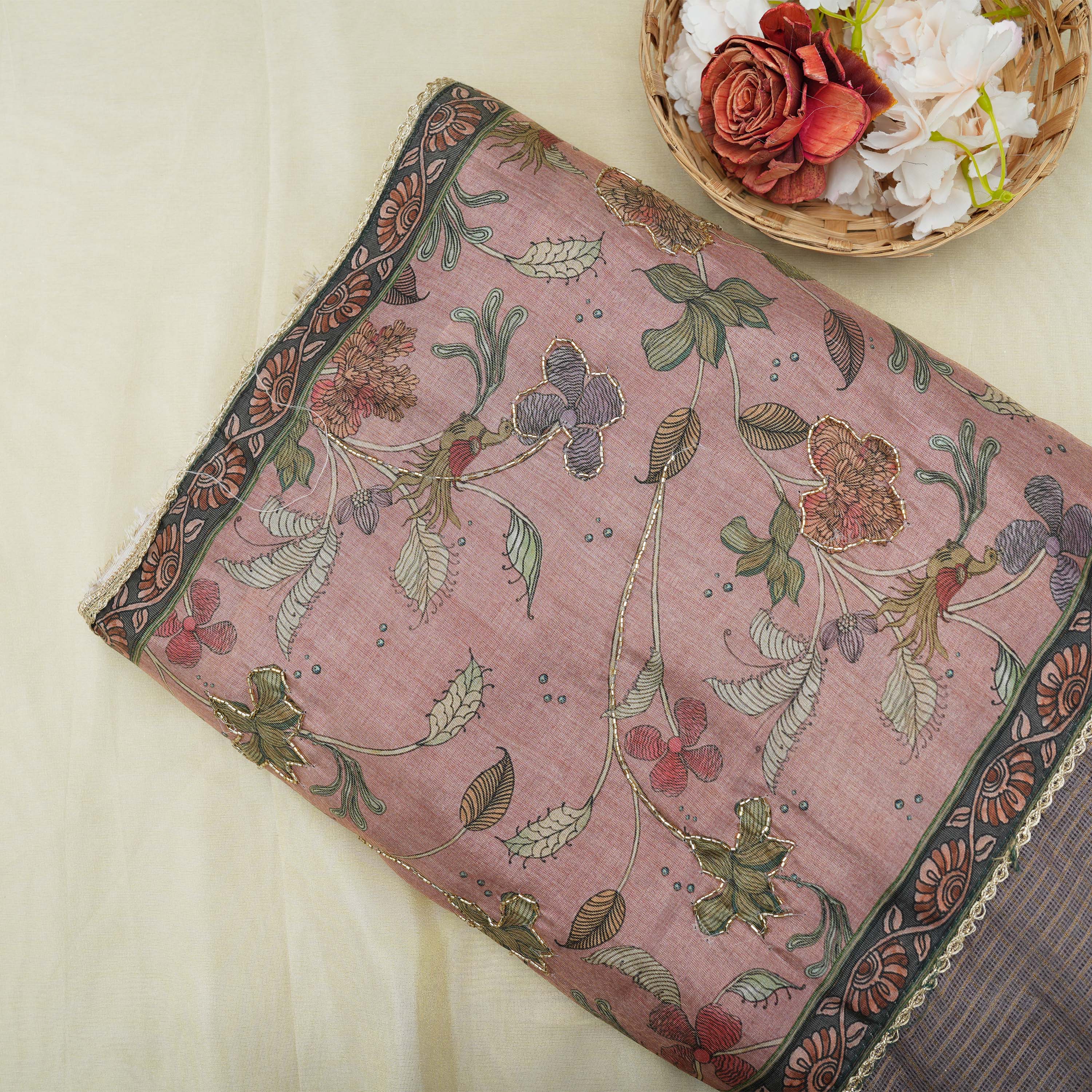 Sand Stone Brown Checks And Floral Contrast Border Kota Fabric